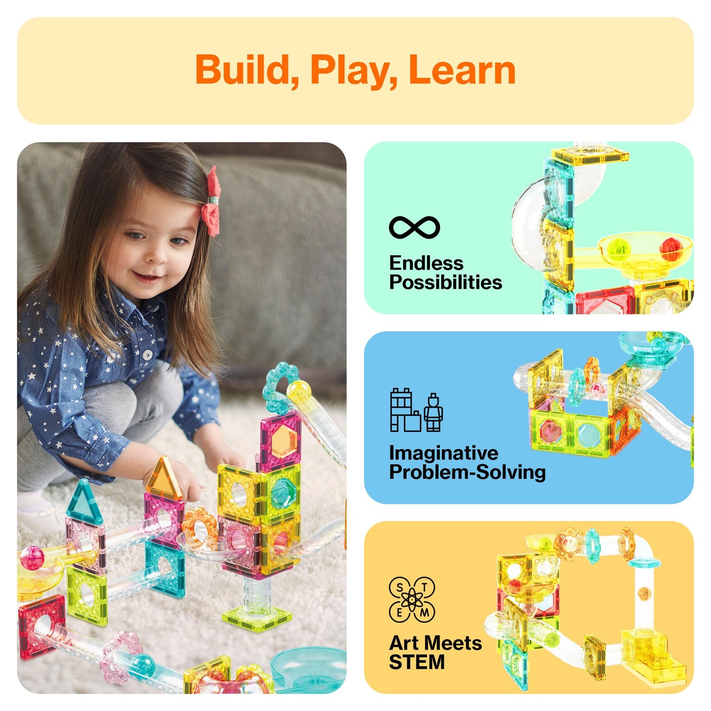 PicassoTiles 108pc 3-in-1 Marble Run Car Race Track Combo Magnetic Tiles PicassoToys Magnet Building Block Educational Construction Toy Playset STEM STEAM Learning Kit Child Brain Development PTG108