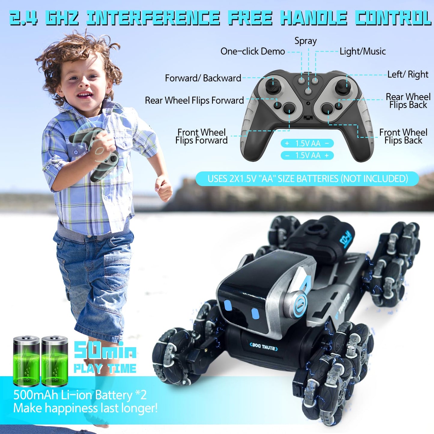 Robot Dog Toy for Kids,2.4Ghz Remote Control Dog Stunt Robot Dog 2nd Gen Remote Control Cars Stunt Rc Cars with Light & Sound Toys Christmas Birthday Gifts for 6 7 8 9 10 11 12 Year Old Boys (white)