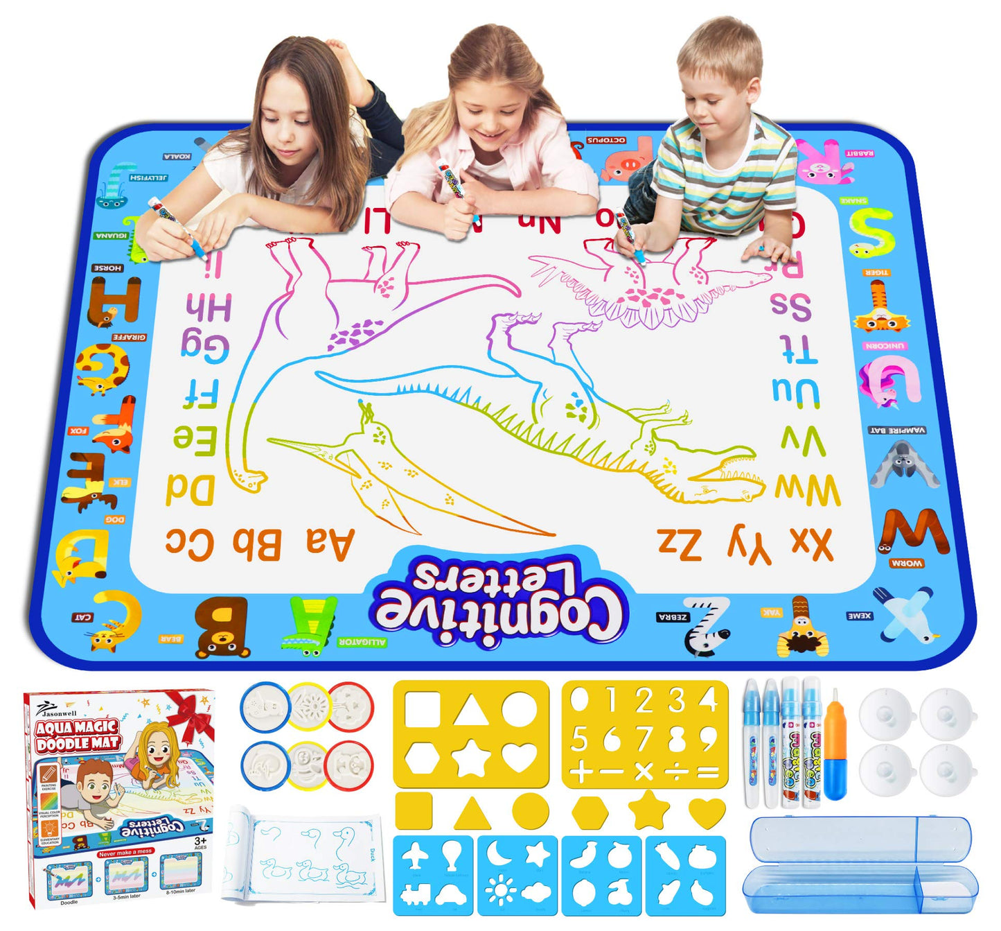 Jasonwell Aqua Water Doodle Mat 31x31 Inches Large Magic Drawing Doodling Mat Coloring Mat Educational Toys Christmas Birthday Gifts for Kids Toddler Boys Girls Age 2 3 4 5 6 7 8 Year Old (Alphabet)