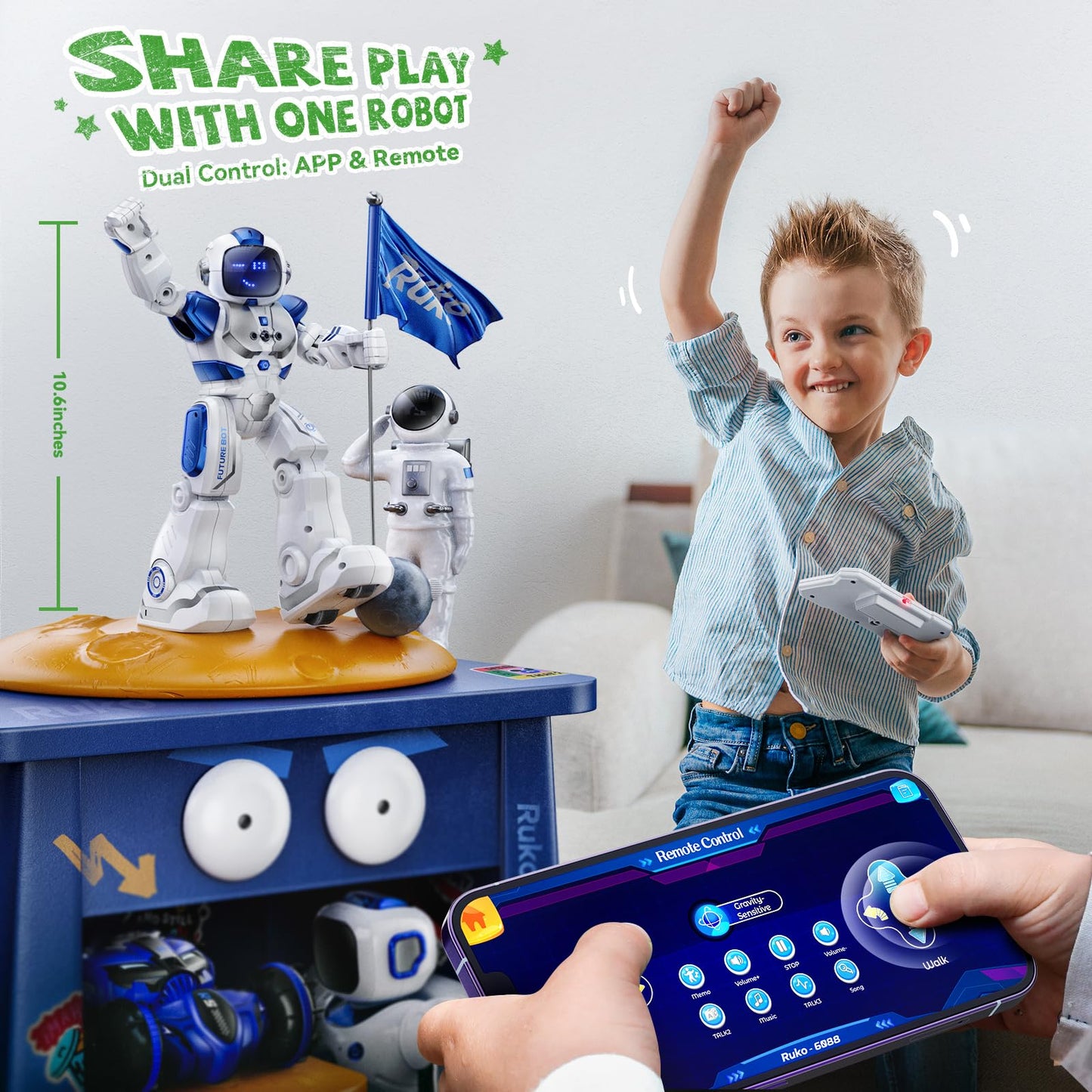 Ruko 6088 Programmable Robot with APP Control, Remote Control, Gesture Sensing Control, Rechargeable Robots Toys for Boys and Girls, Interactive Emoji LED Eyes, QA Games for 3 4 5 6 Years Kids, Blue