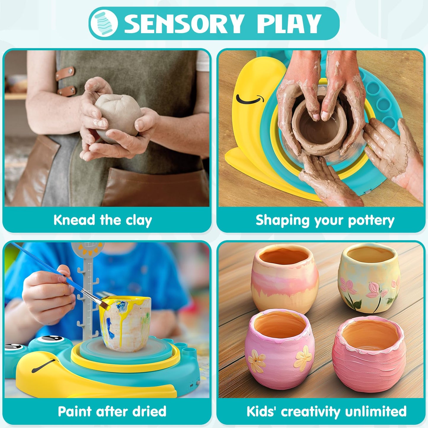 Pottery Wheel for Kids - Complete Pottery Painting Kit Arts and Crafts for Kids Ages 8-12 with 3 Pack Air Dry Clay Art Supplies Toys for Girls Boy Birthday Gift for 6 7 8 9 10 11 12+