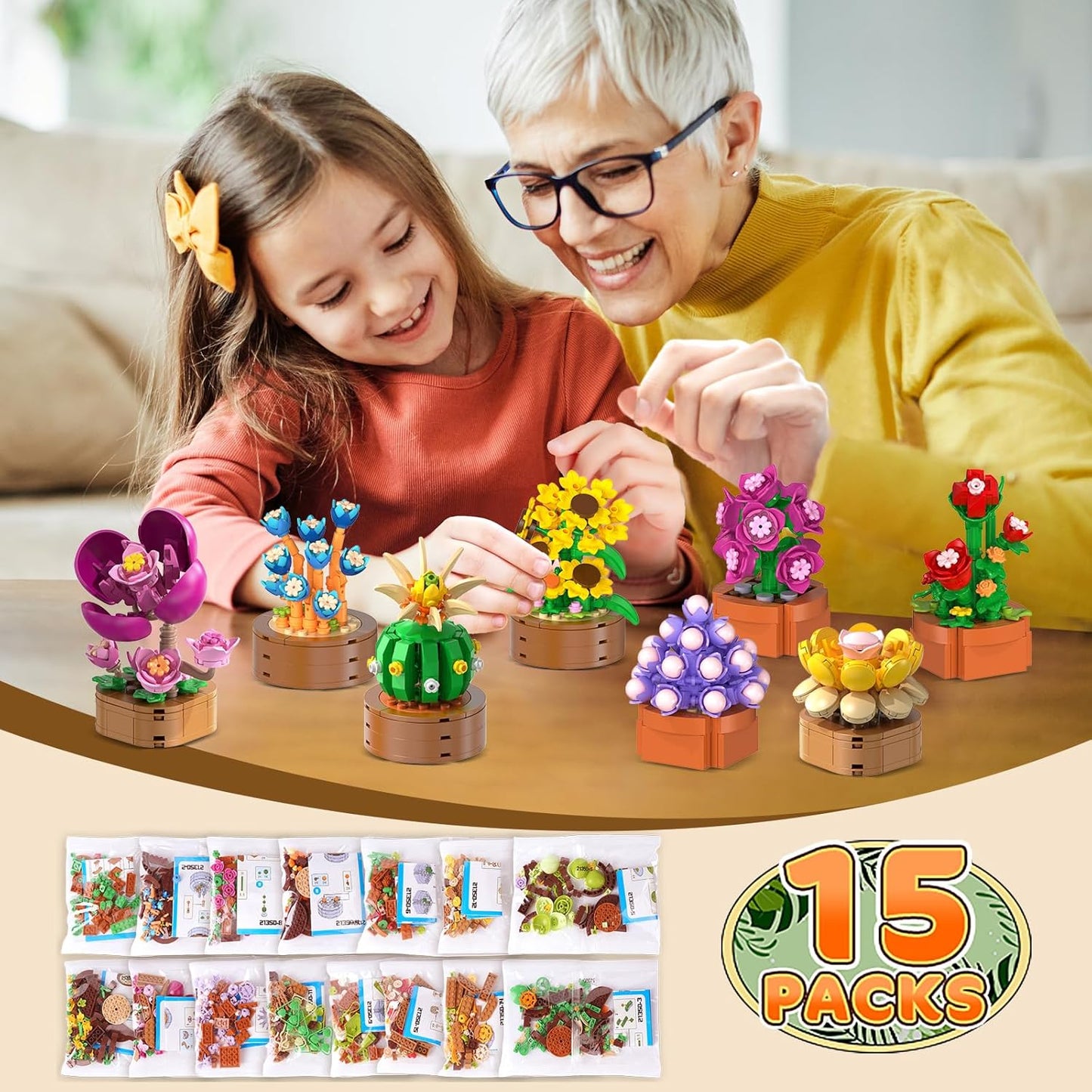 15 Pack Flowers Plants 3.6MM Mini Building Sets
