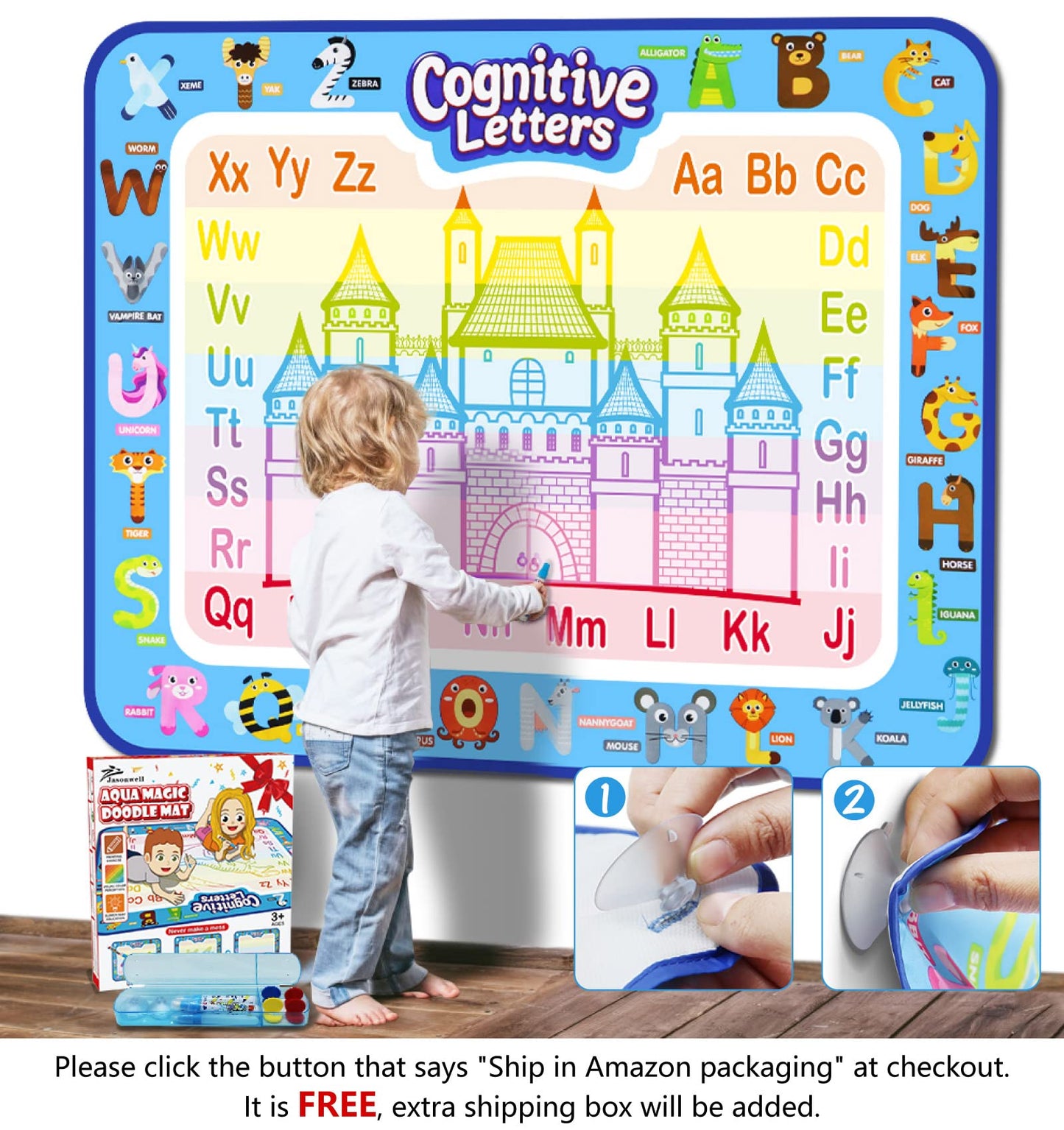 Jasonwell Aqua Water Doodle Mat 31x31 Inches Large Magic Drawing Doodling Mat Coloring Mat Educational Toys Christmas Birthday Gifts for Kids Toddler Boys Girls Age 2 3 4 5 6 7 8 Year Old (Alphabet)