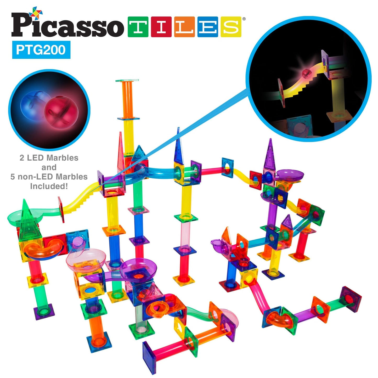 PicassoTiles 108pc 3-in-1 Marble Run Car Race Track Combo Magnetic Tiles PicassoToys Magnet Building Block Educational Construction Toy Playset STEM STEAM Learning Kit Child Brain Development PTG108