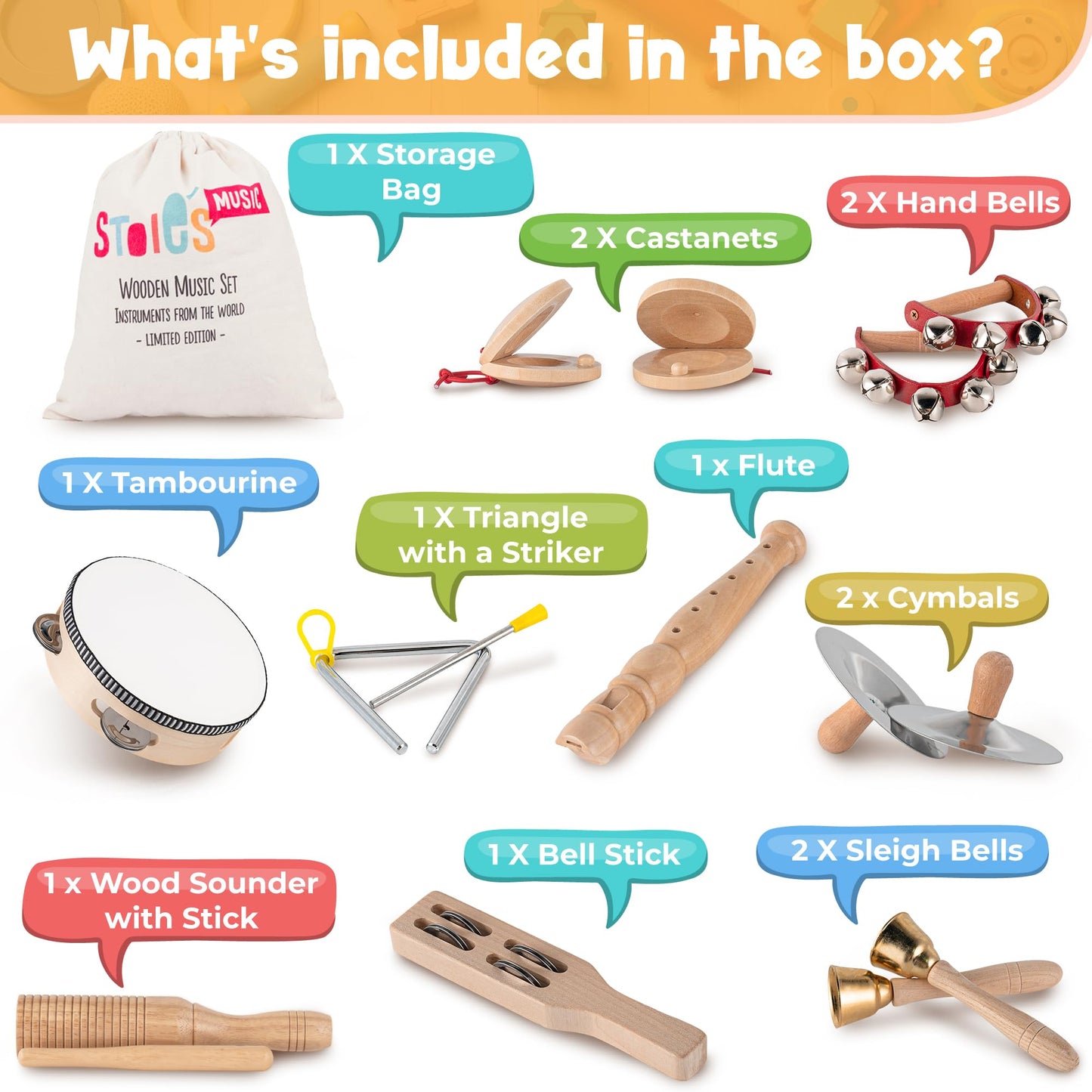 Stoie's Wooden Kids Musical Instruments for 3-9 Years Old, with Drum, Hand Bells, Flute, Maracas, Castanet, Tamburine, for Babies and Toddlers, Durable, Safe, Montessori Educational Toy, Storage Bag