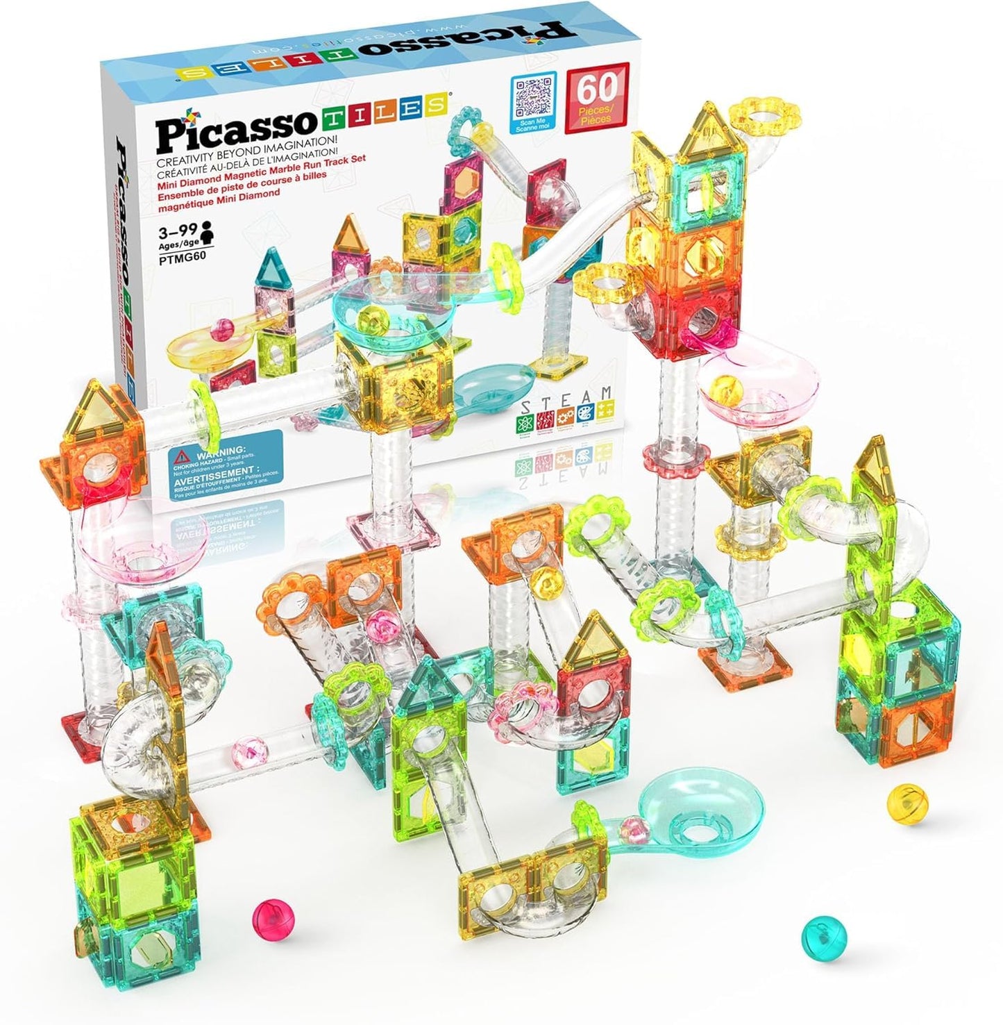 PicassoTiles 108pc 3-in-1 Marble Run Car Race Track Combo Magnetic Tiles PicassoToys Magnet Building Block Educational Construction Toy Playset STEM STEAM Learning Kit Child Brain Development PTG108