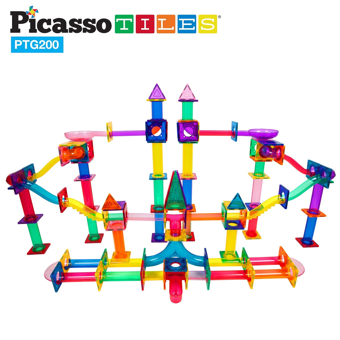 PicassoTiles 108pc 3-in-1 Marble Run Car Race Track Combo Magnetic Tiles PicassoToys Magnet Building Block Educational Construction Toy Playset STEM STEAM Learning Kit Child Brain Development PTG108