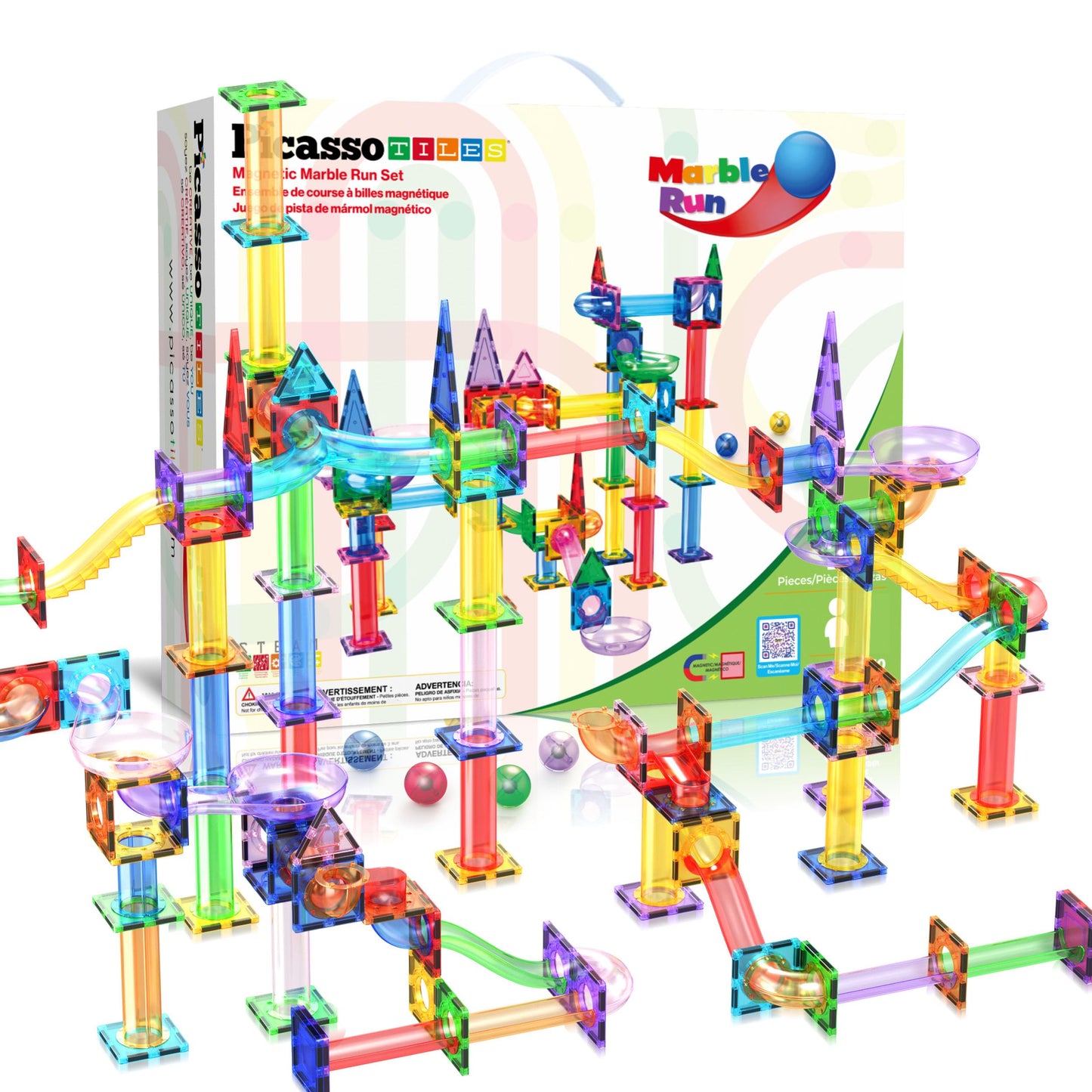 PicassoTiles 108pc 3-in-1 Marble Run Car Race Track Combo Magnetic Tiles PicassoToys Magnet Building Block Educational Construction Toy Playset STEM STEAM Learning Kit Child Brain Development PTG108
