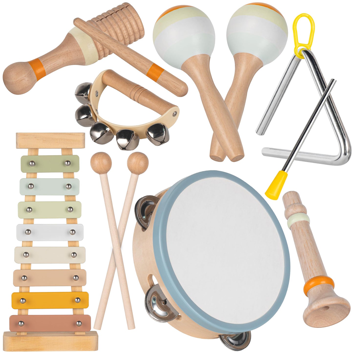 Stoie's Wooden Kids Musical Instruments for 3-9 Years Old, with Drum, Hand Bells, Flute, Maracas, Castanet, Tamburine, for Babies and Toddlers, Durable, Safe, Montessori Educational Toy, Storage Bag