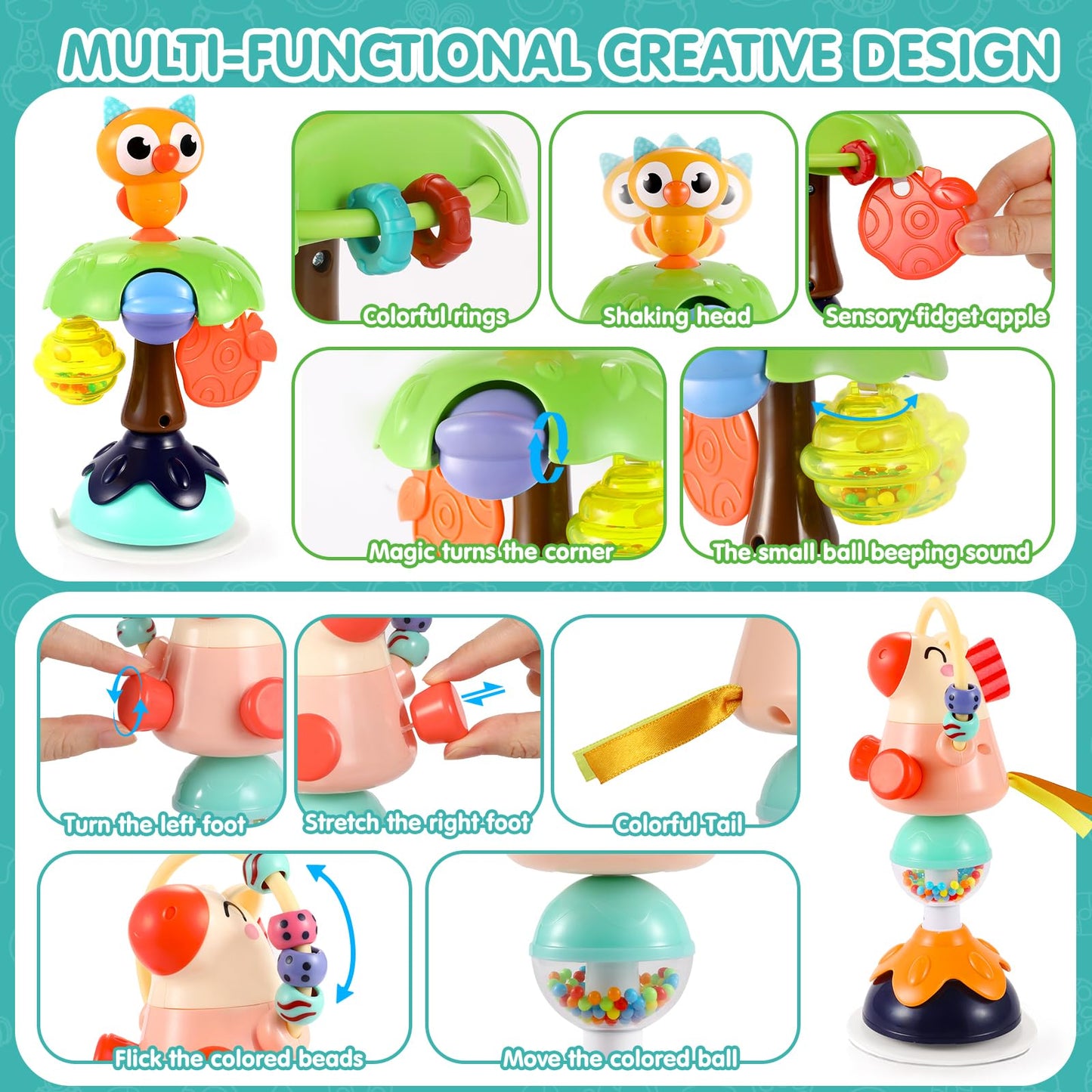 Baby Toys 6-12 Months Infant Toy Set of 3 High Chair Suction Cup Rattle Teething Toys for Babies 6 7 9 12-18 Months 2-in-1 Sensory Development Tray Toy Baby Gifts for Boys Girls