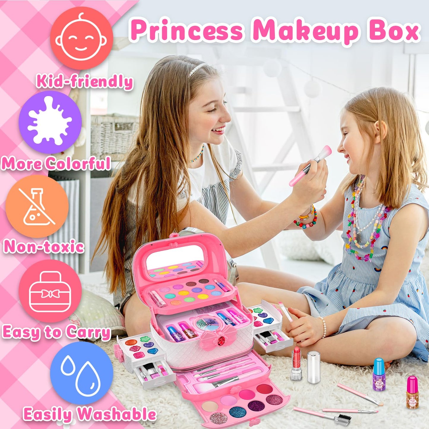 Hollyhi 58 Pcs Kids Makeup Kit for Girl, Princess Toys Real Washable Cosmetic Set with Mirror, Kids Makeup Sets for Girls, Play Make Up Birthday Gifts for 3 4 5 6 7 8 9 10 11 12 Years Old Kid (Rose)