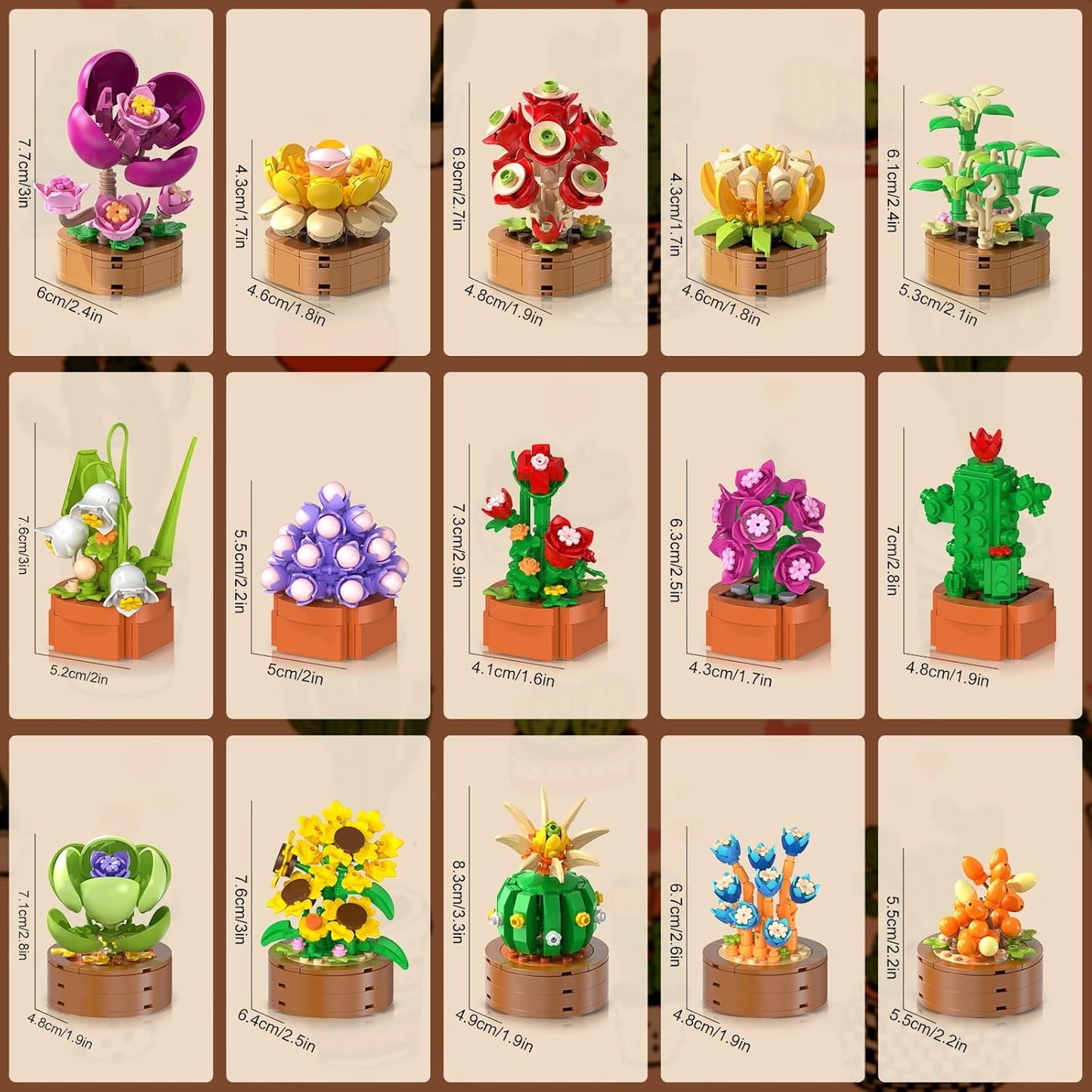 15 Pack Flowers Plants 3.6MM Mini Building Sets