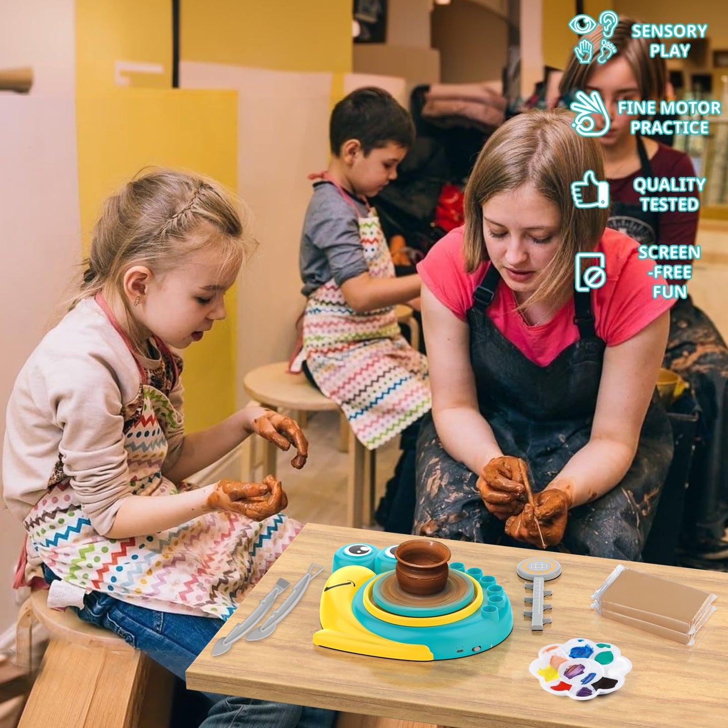 Pottery Wheel for Kids - Complete Pottery Painting Kit Arts and Crafts for Kids Ages 8-12 with 3 Pack Air Dry Clay Art Supplies Toys for Girls Boy Birthday Gift for 6 7 8 9 10 11 12+