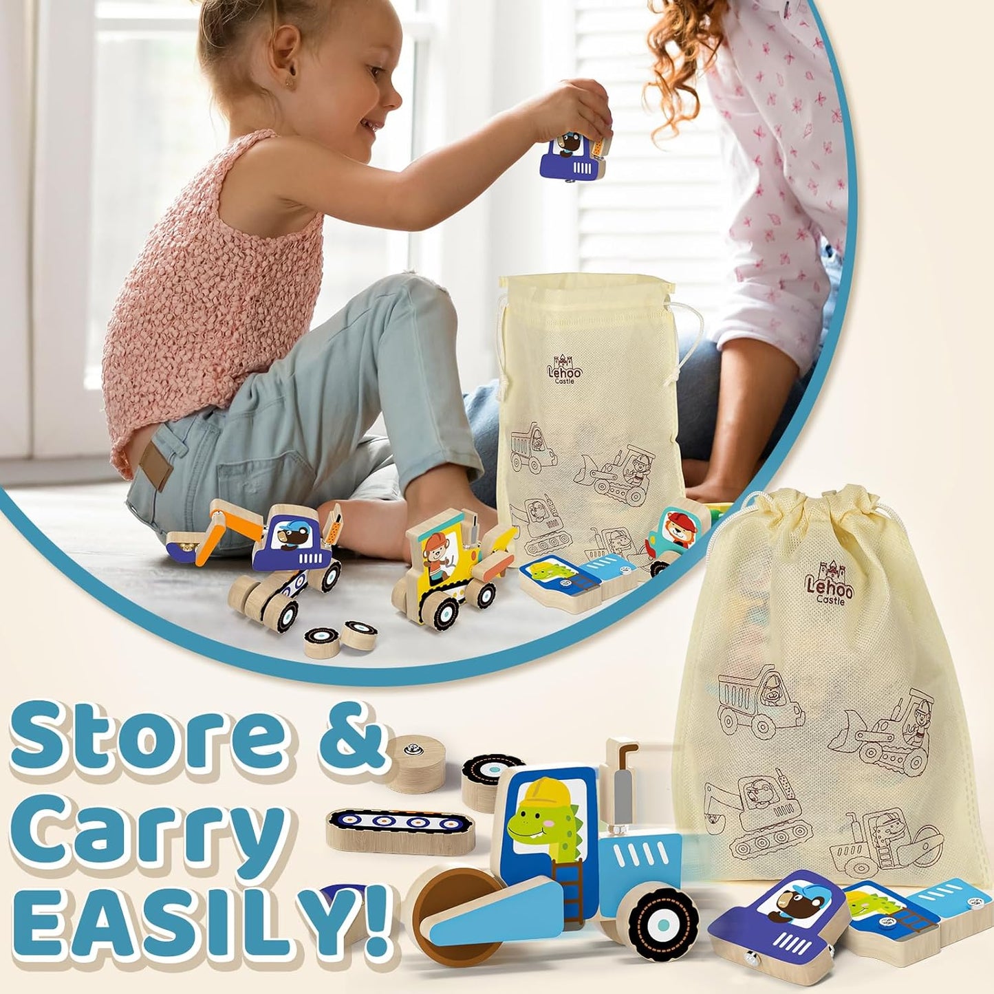 Lehoo Castle Montessori Toys for 3 Year Old, Take Apart Construction Truck STEM Toy for 3-4 3-5 4-5 Year Old Boys, Snap Together Wooden Educational Learning Building Toys Gift for Toddlers