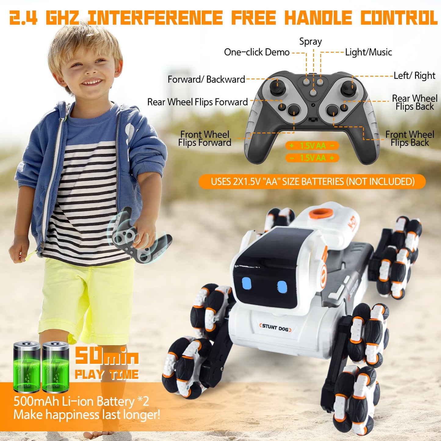 Robot Dog Toy for Kids,2.4Ghz Remote Control Dog Stunt Robot Dog 2nd Gen Remote Control Cars Stunt Rc Cars with Light & Sound Toys Christmas Birthday Gifts for 6 7 8 9 10 11 12 Year Old Boys (white)