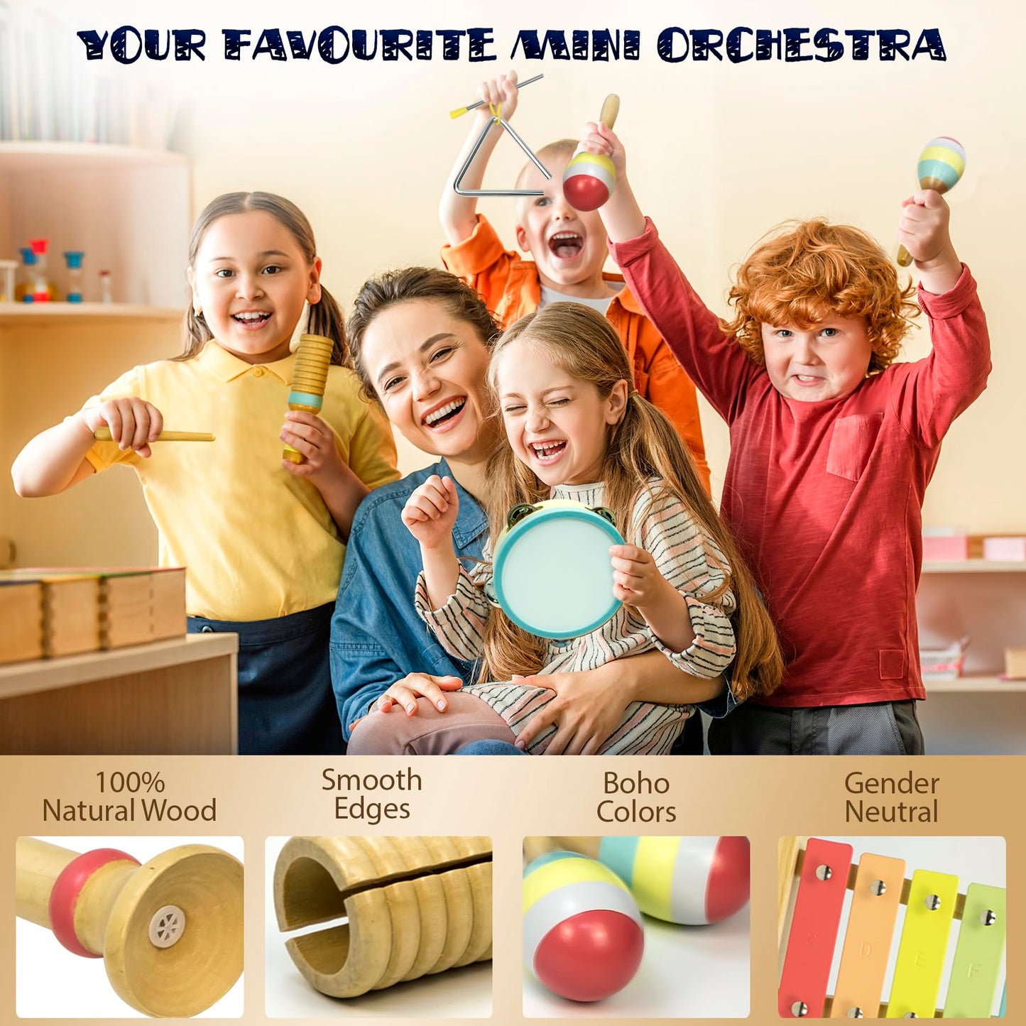MINIARTIS Toddler Musical Instruments - Montessori Wooden Musical Toys for Toddlers 1-3 | Modern Boho Baby Drum Set with Neutral Colors Percussion Instruments | Kids Preschool Educational 3+