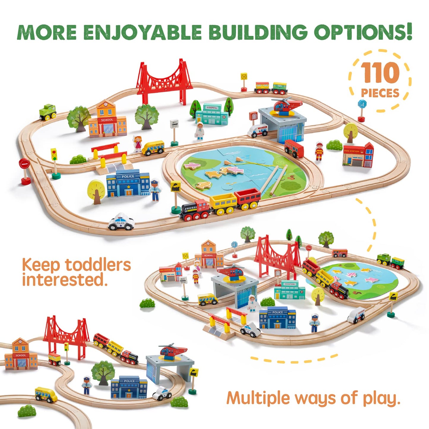 Tiny Land 110PCS Wooden Train Set