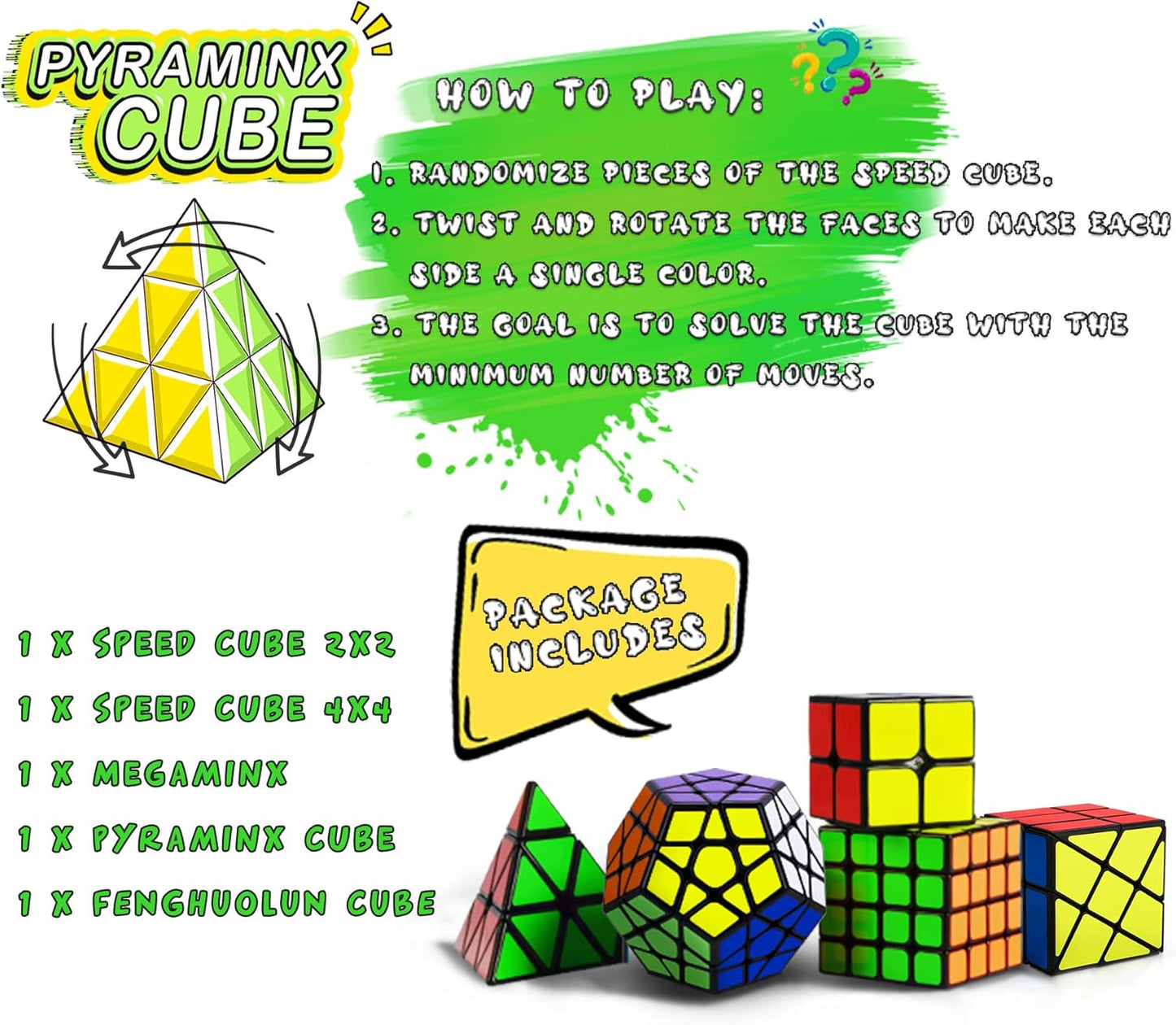 Speed Cube Set, Puzzle Cube, Magic Cube 2x2 4x4 Pyraminx Pyramid Megaminx Fenghuolun Puzzle Cube Toy Gift for Children Adults, Pack of 5