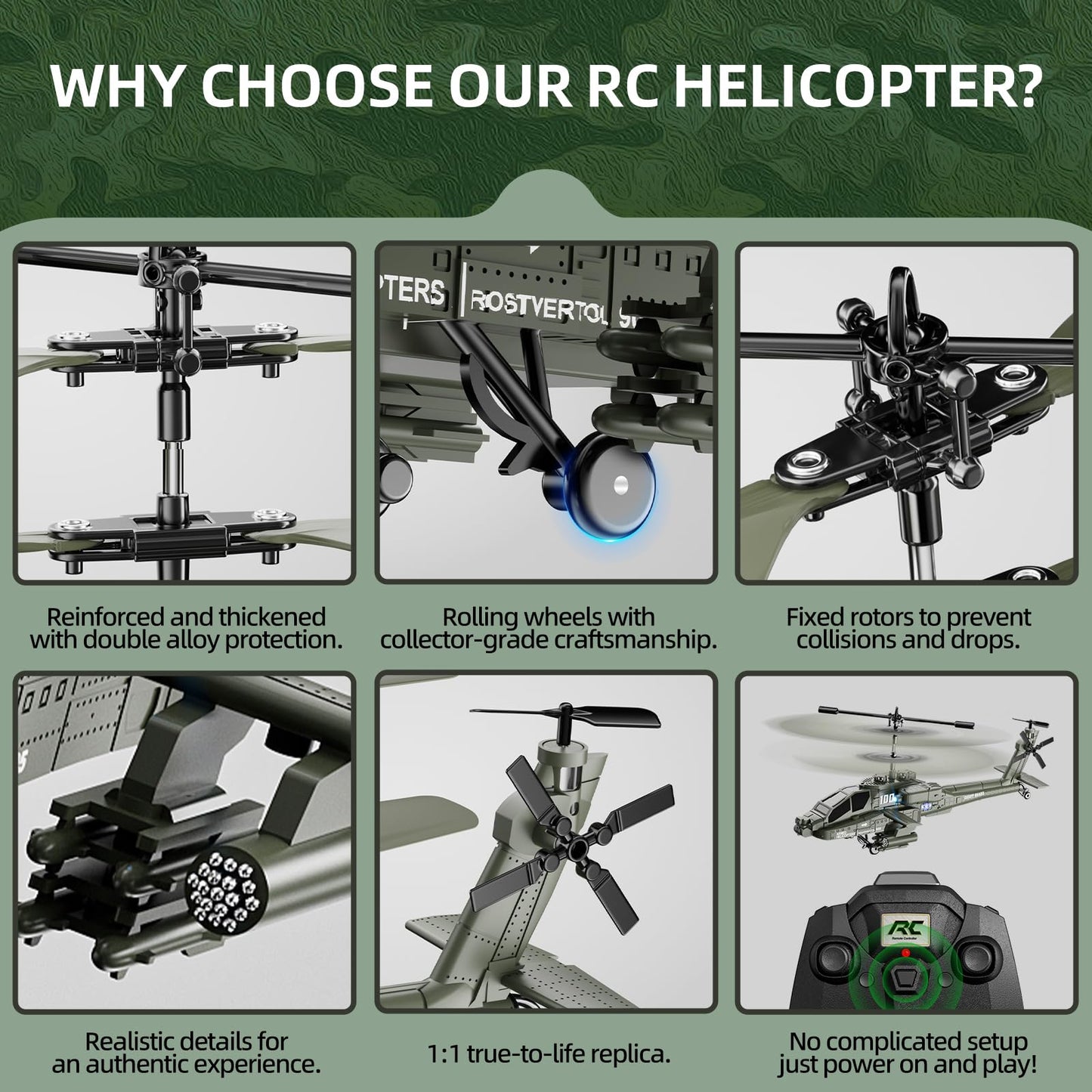Remote Control Military Flying Helicopter Toy 2.4GHz, 3.5 Channels, Gyro & LED Light, Altitude Hold, RC Helicopters for Kids Adults Beginner (Silvery)
