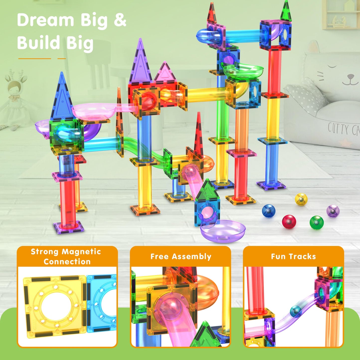 PicassoTiles 108pc 3-in-1 Marble Run Car Race Track Combo Magnetic Tiles PicassoToys Magnet Building Block Educational Construction Toy Playset STEM STEAM Learning Kit Child Brain Development PTG108
