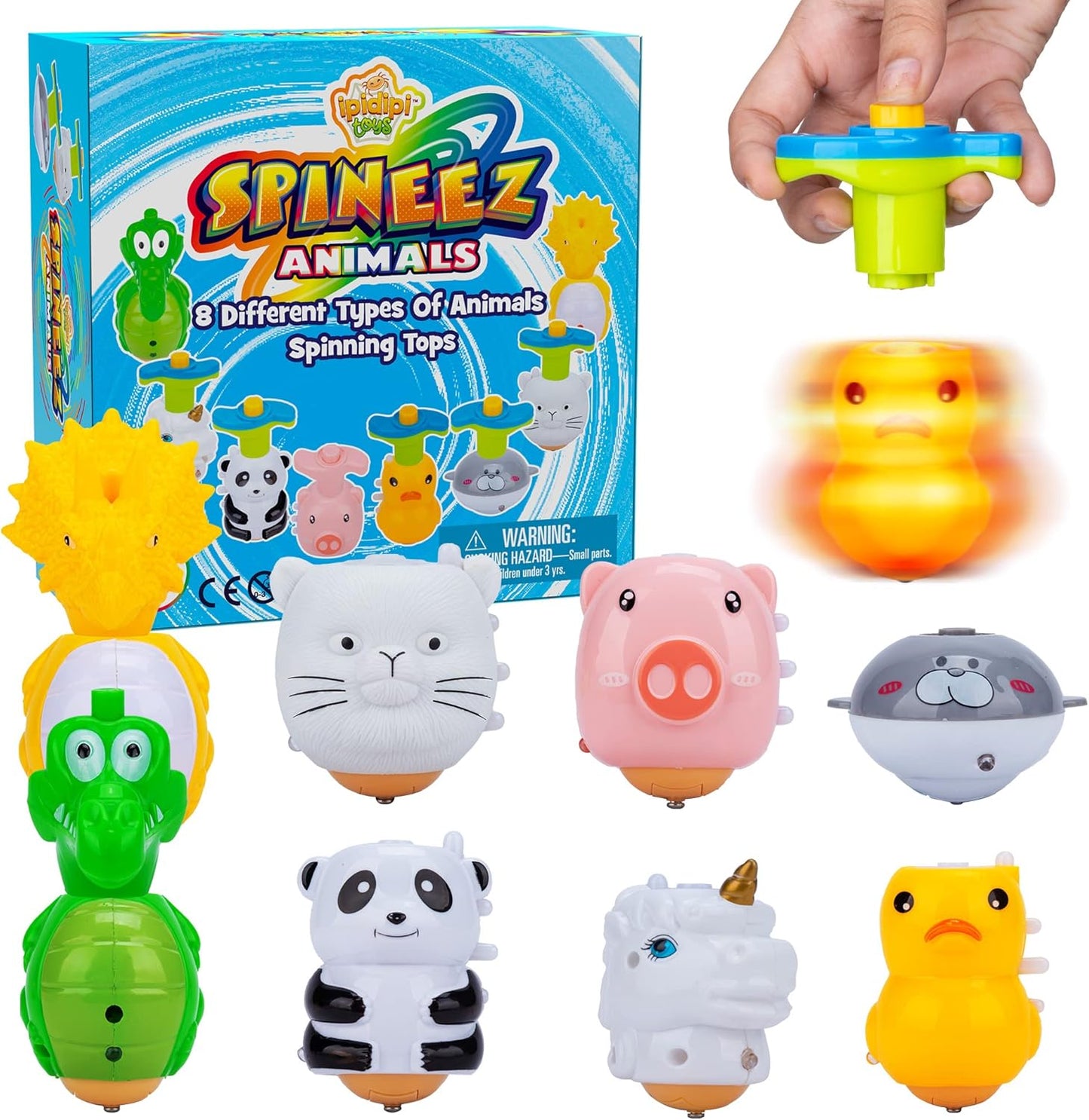 IPIDIPI TOYS Spineez Animal Light Up Spinning Tops – 8 Cute LED Spinners for Kids – Ideal Birthday Party Favors, Goodie Bag Stuffers, School Prizes, Classroom Rewards for Boys & Girls
