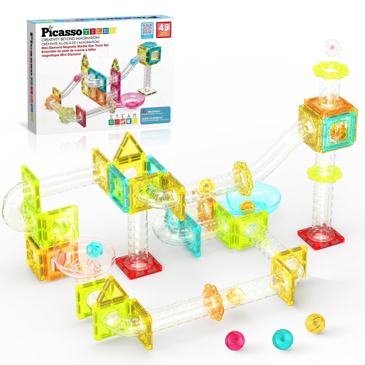 PicassoTiles 108pc 3-in-1 Marble Run Car Race Track Combo Magnetic Tiles PicassoToys Magnet Building Block Educational Construction Toy Playset STEM STEAM Learning Kit Child Brain Development PTG108