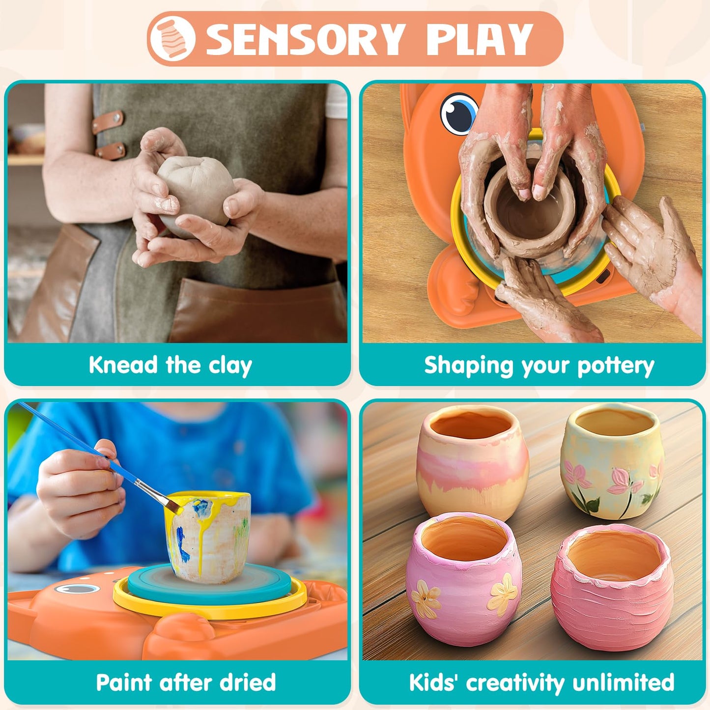 Pottery Wheel for Kids - Complete Pottery Painting Kit Arts and Crafts for Kids Ages 8-12 with 3 Pack Air Dry Clay Art Supplies Toys for Girls Boy Birthday Gift for 6 7 8 9 10 11 12+