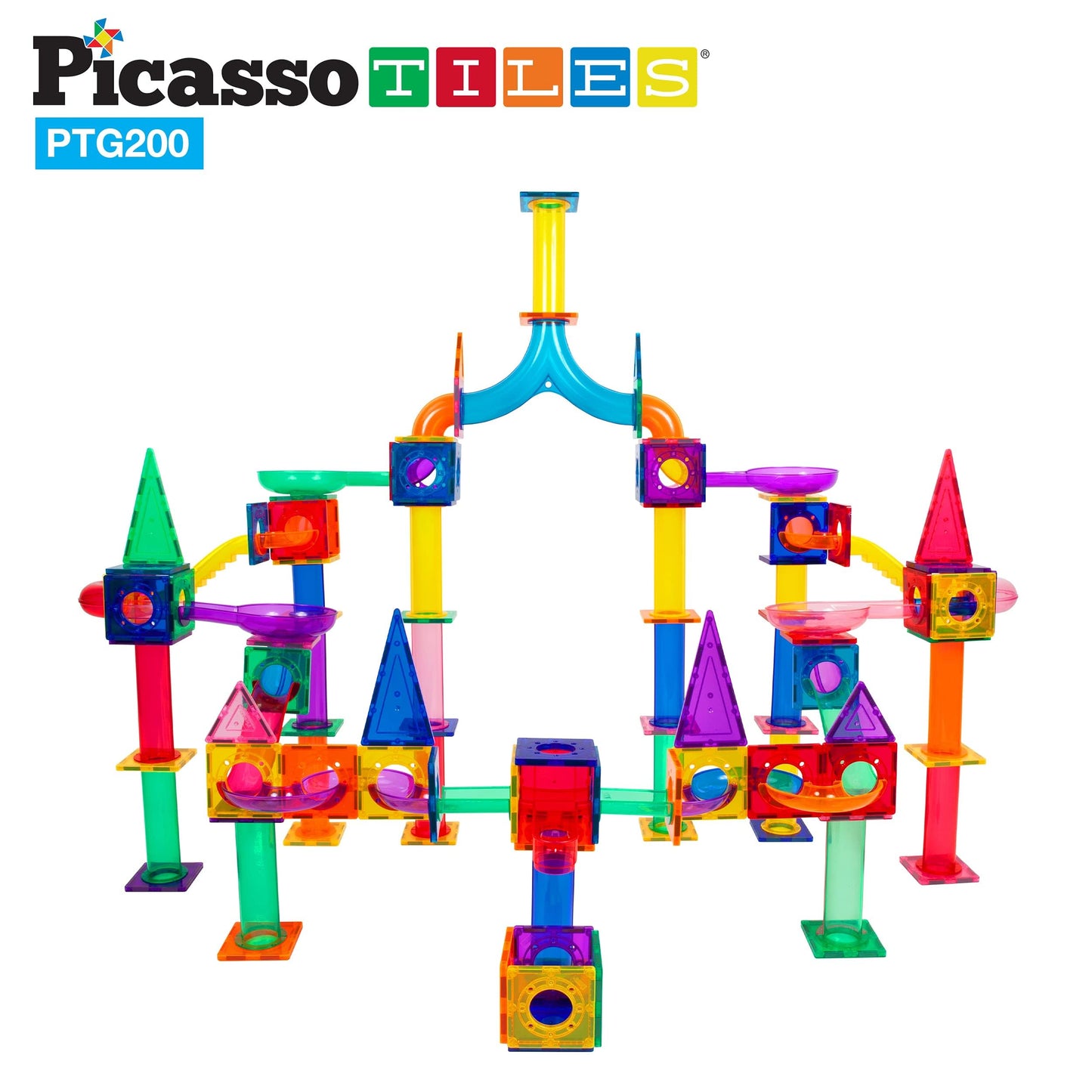 PicassoTiles 108pc 3-in-1 Marble Run Car Race Track Combo Magnetic Tiles PicassoToys Magnet Building Block Educational Construction Toy Playset STEM STEAM Learning Kit Child Brain Development PTG108