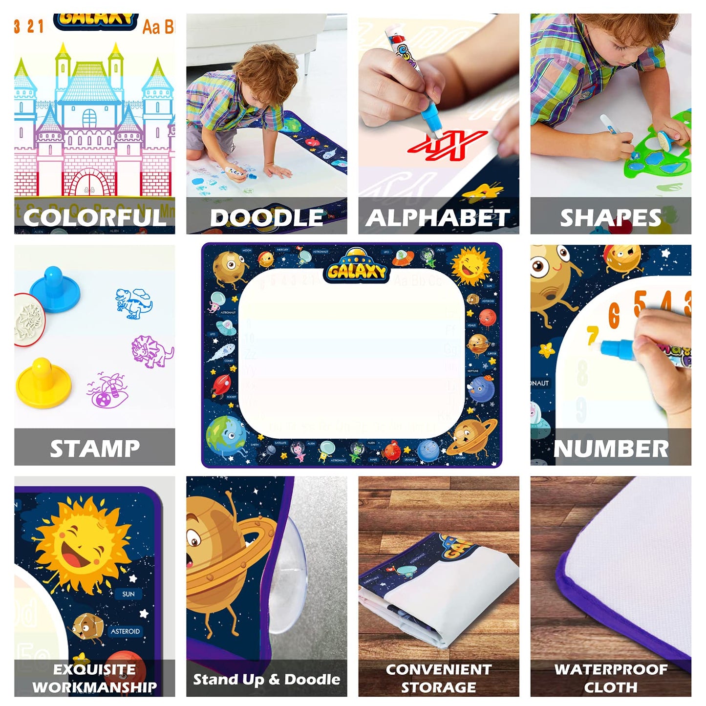Jasonwell Aqua Water Doodle Mat 31x31 Inches Large Magic Drawing Doodling Mat Coloring Mat Educational Toys Christmas Birthday Gifts for Kids Toddler Boys Girls Age 2 3 4 5 6 7 8 Year Old (Alphabet)