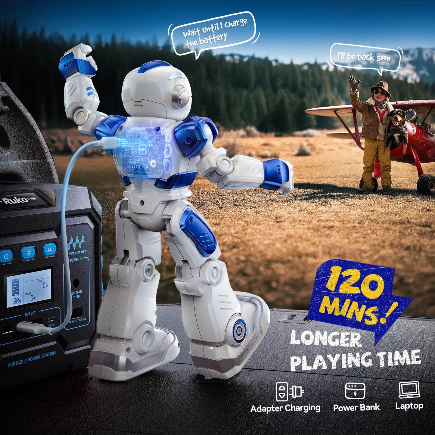 Ruko 6088 Programmable Robot with APP Control, Remote Control, Gesture Sensing Control, Rechargeable Robots Toys for Boys and Girls, Interactive Emoji LED Eyes, QA Games for 3 4 5 6 Years Kids, Blue