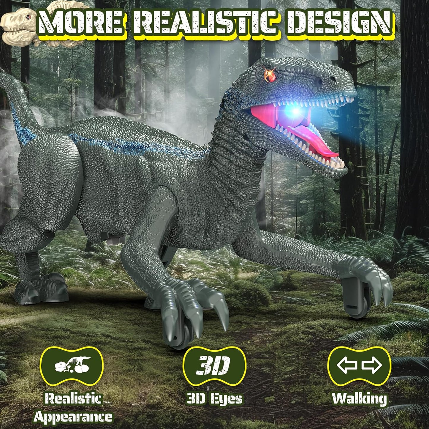 Remote Control Dinosaur, Realistic Dinosaur Toys for Kids 3-5, 2.4GHZ, Walking,Rechargeable, 3D Eyes, 3 Sound Effects, Demo Function, Jurassic Toys for Christmas, Kids 3+