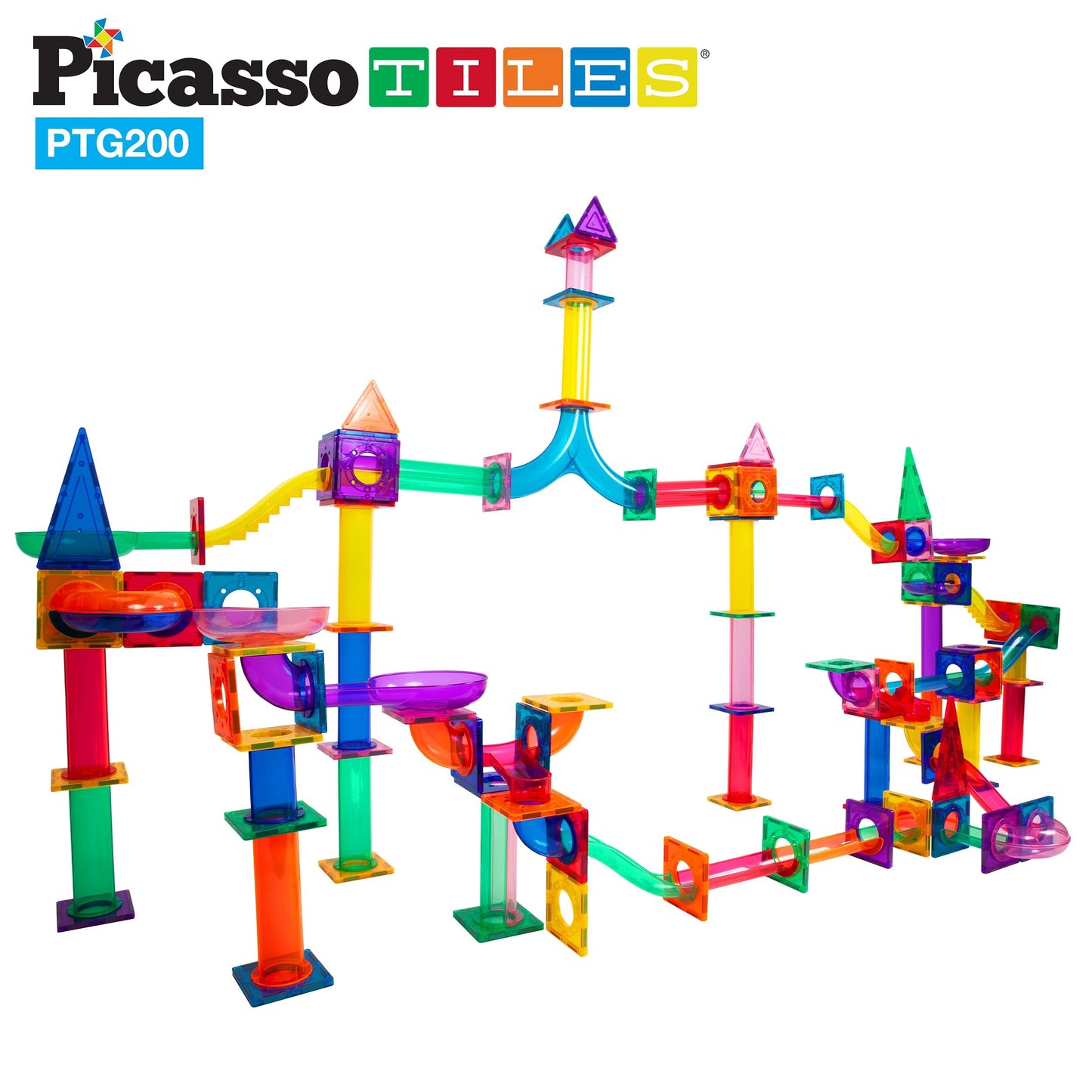 PicassoTiles 108pc 3-in-1 Marble Run Car Race Track Combo Magnetic Tiles PicassoToys Magnet Building Block Educational Construction Toy Playset STEM STEAM Learning Kit Child Brain Development PTG108