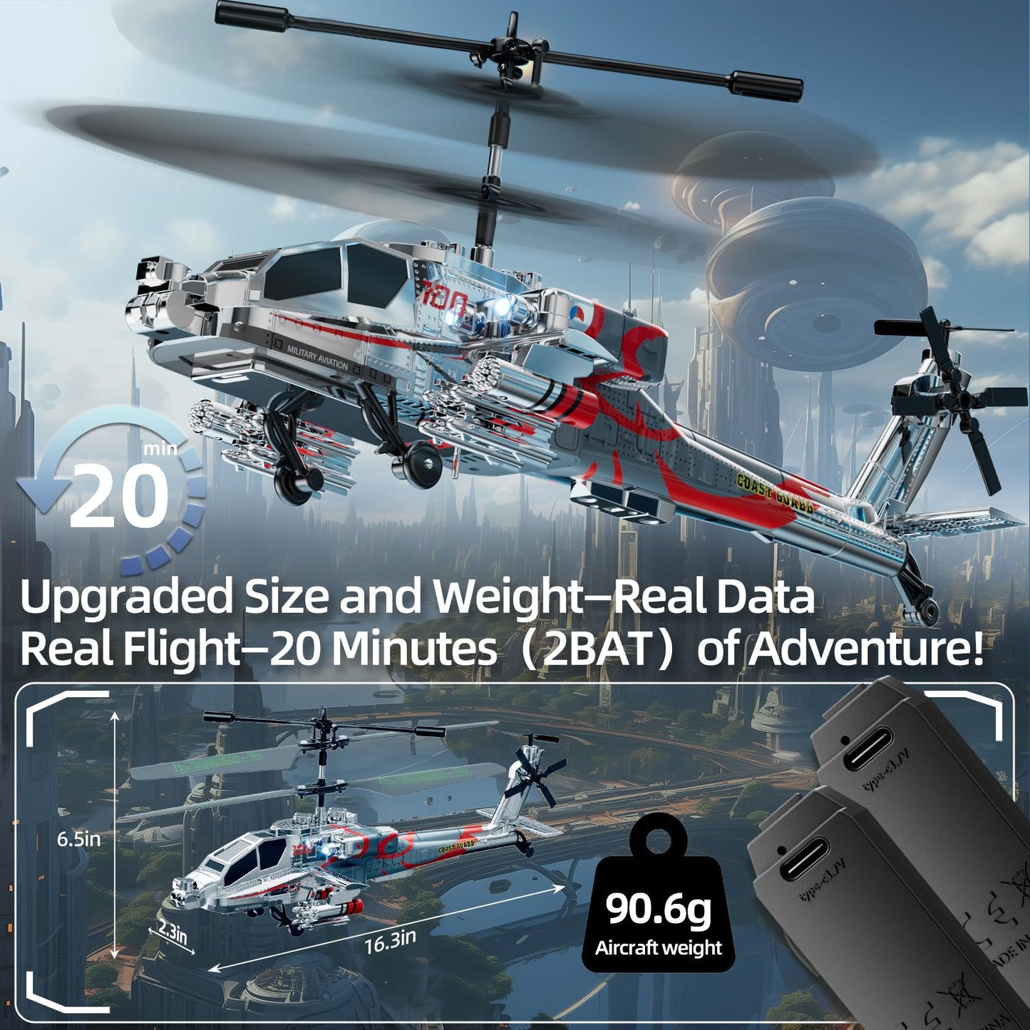 Remote Control Military Flying Helicopter Toy 2.4GHz, 3.5 Channels, Gyro & LED Light, Altitude Hold, RC Helicopters for Kids Adults Beginner (Silvery)