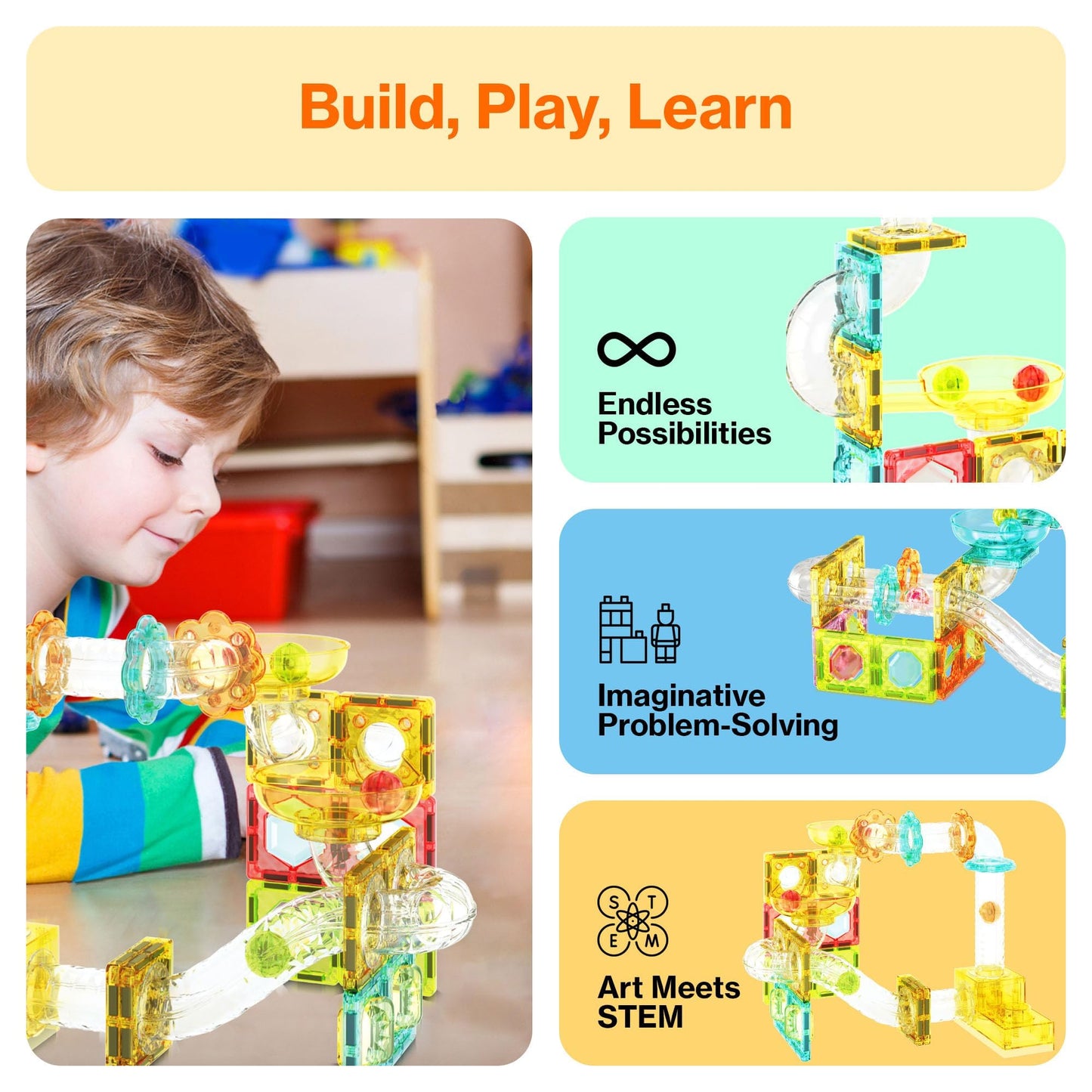 PicassoTiles 108pc 3-in-1 Marble Run Car Race Track Combo Magnetic Tiles PicassoToys Magnet Building Block Educational Construction Toy Playset STEM STEAM Learning Kit Child Brain Development PTG108