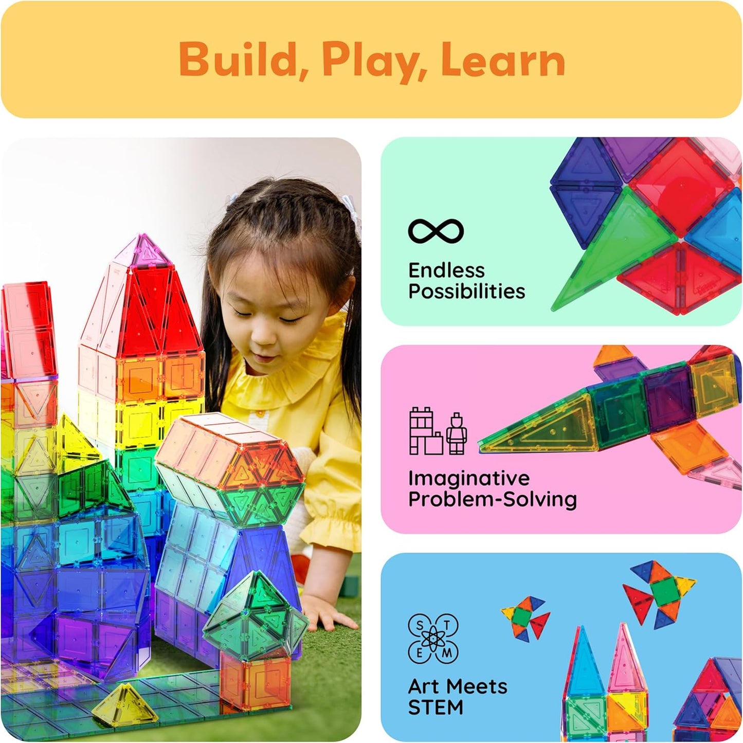 PicassoTiles 60 Piece Set 60pcs Magnet Building Tiles Clear Magnetic 3D Blocks Construction Playboards - Creativity beyond Imagination, Inspirational, Recreational, Educational, Conventional