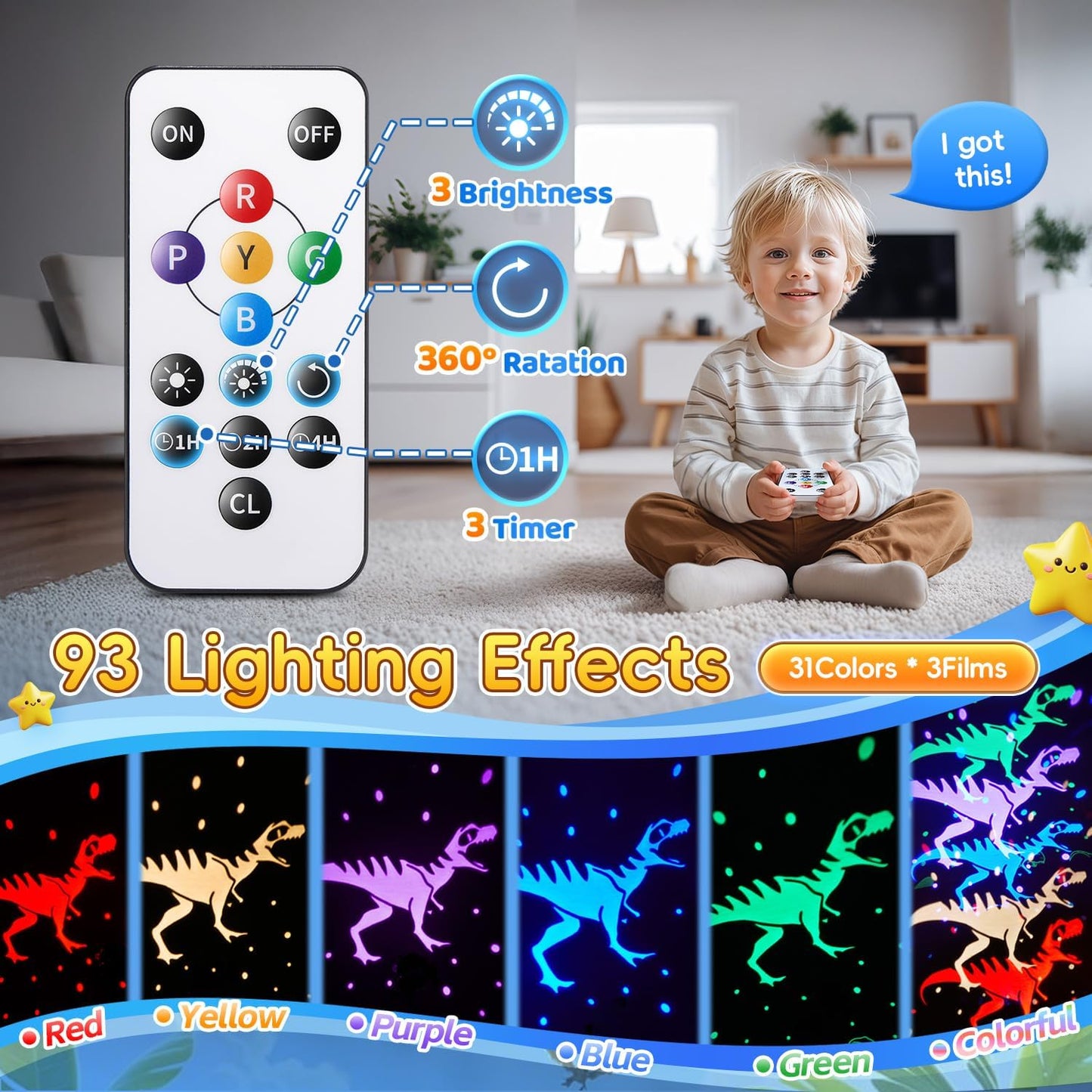Dinosaur Toys for Kids 3-5,【Remote+3 Films+93 Effects】Dinosaur Toys for Kids 2-4,【3 Timer+5 Brightness】Toys for 5 Year Old Boy Toys Age 3,Rotate Night Light Projector,Toddler Night Light Projector
