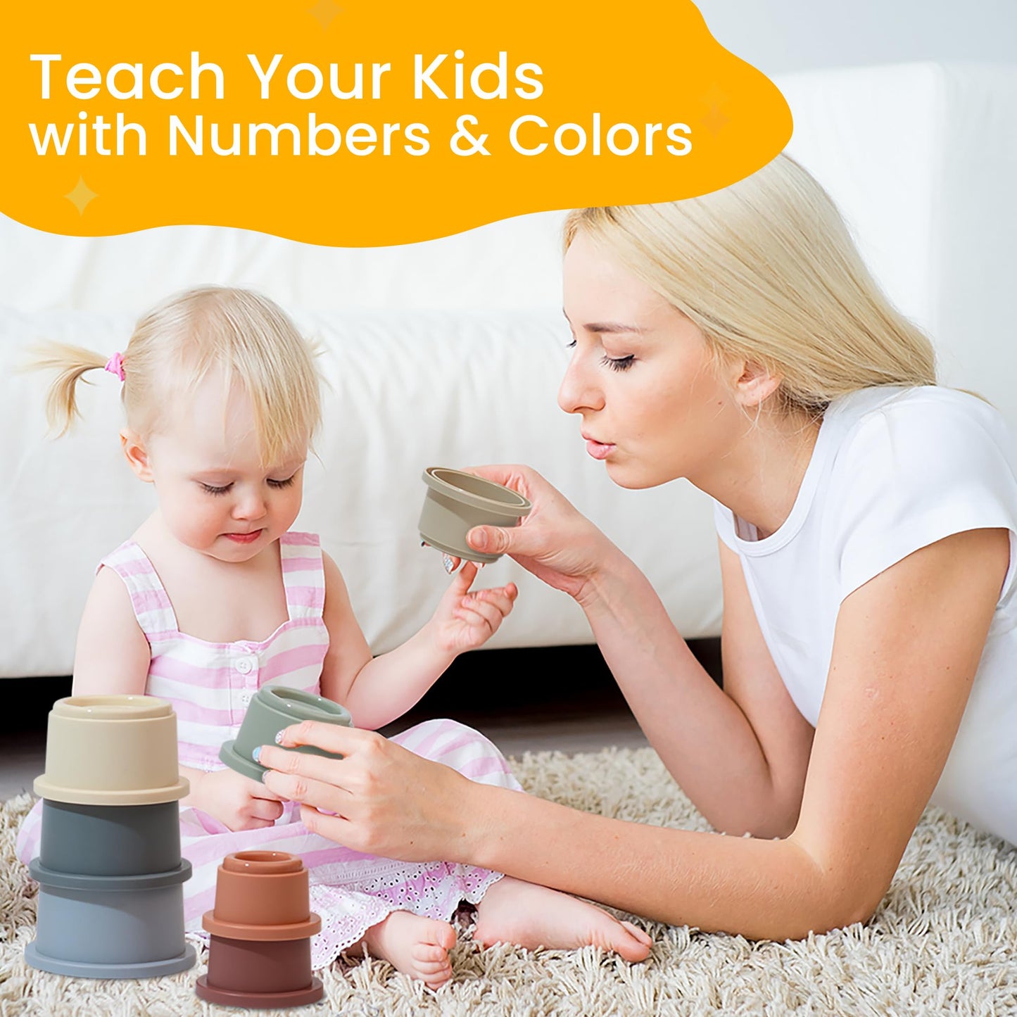 Stacking Cups Baby Toy Educational Cup Stacking Set 8-Pc Stackable Cups with Number Rainbow Nesting Cups for Babies 6-12 Months Stacking Cups for Toddlers 1-3 Perfect for Indoor/Outdoor