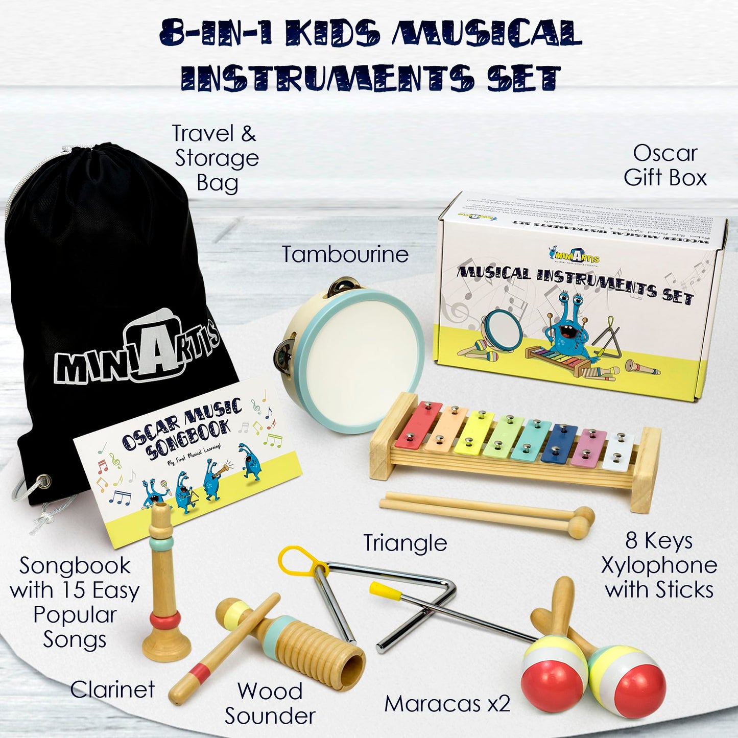 MINIARTIS Toddler Musical Instruments - Montessori Wooden Musical Toys for Toddlers 1-3 | Modern Boho Baby Drum Set with Neutral Colors Percussion Instruments | Kids Preschool Educational 3+