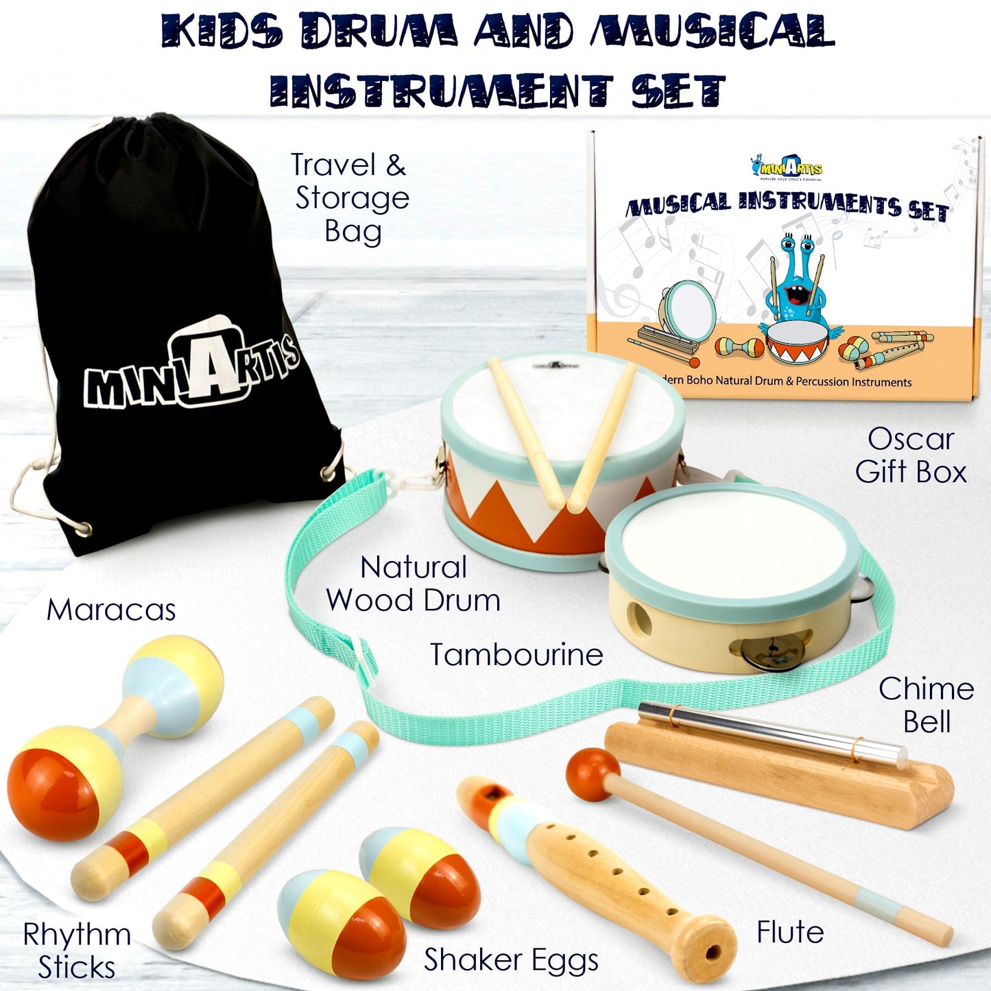 MINIARTIS Toddler Musical Instruments - Montessori Wooden Musical Toys for Toddlers 1-3 | Modern Boho Baby Drum Set with Neutral Colors Percussion Instruments | Kids Preschool Educational 3+