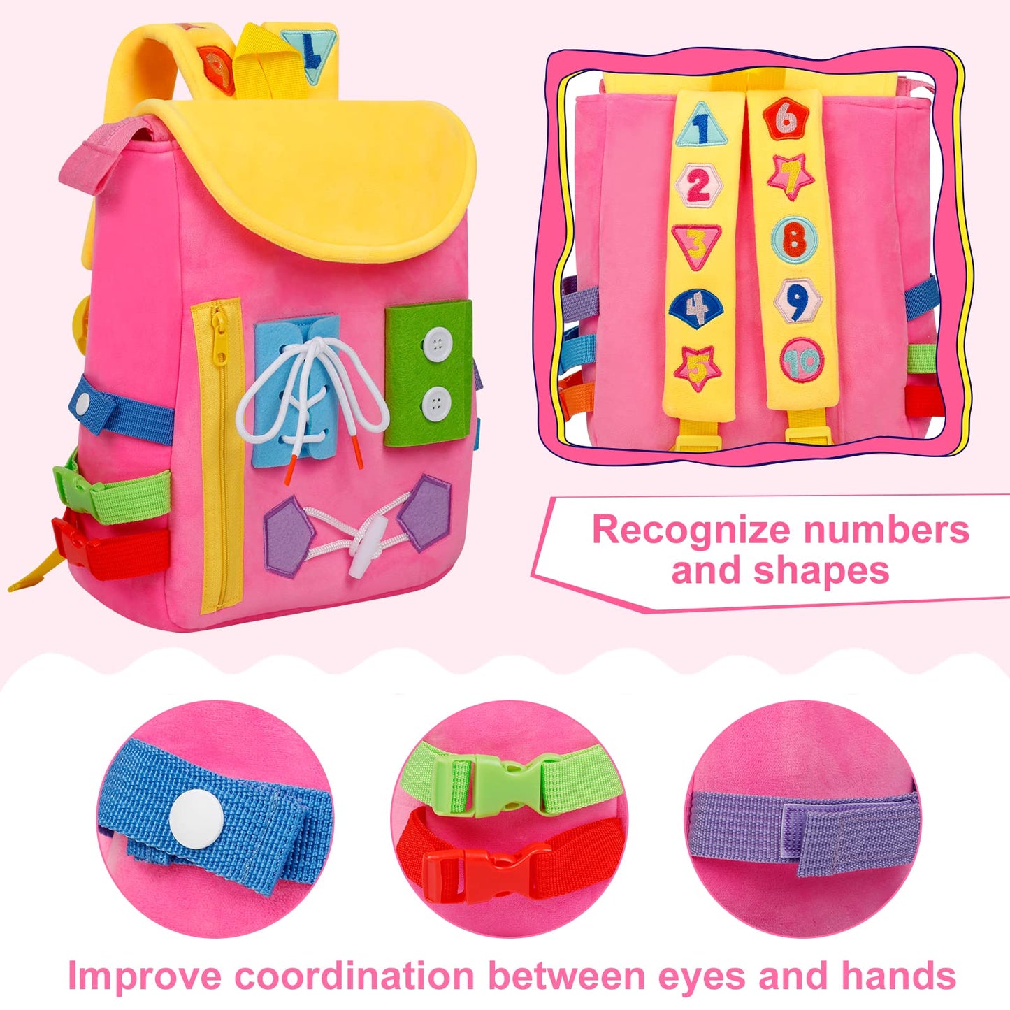Busy Board - Toddler Backpack with Buckles and Learning Activity Toys - Develop Fine Motor Skills and Basic Life Skills - Learn to Tie Shoes - Children's Travel Toy