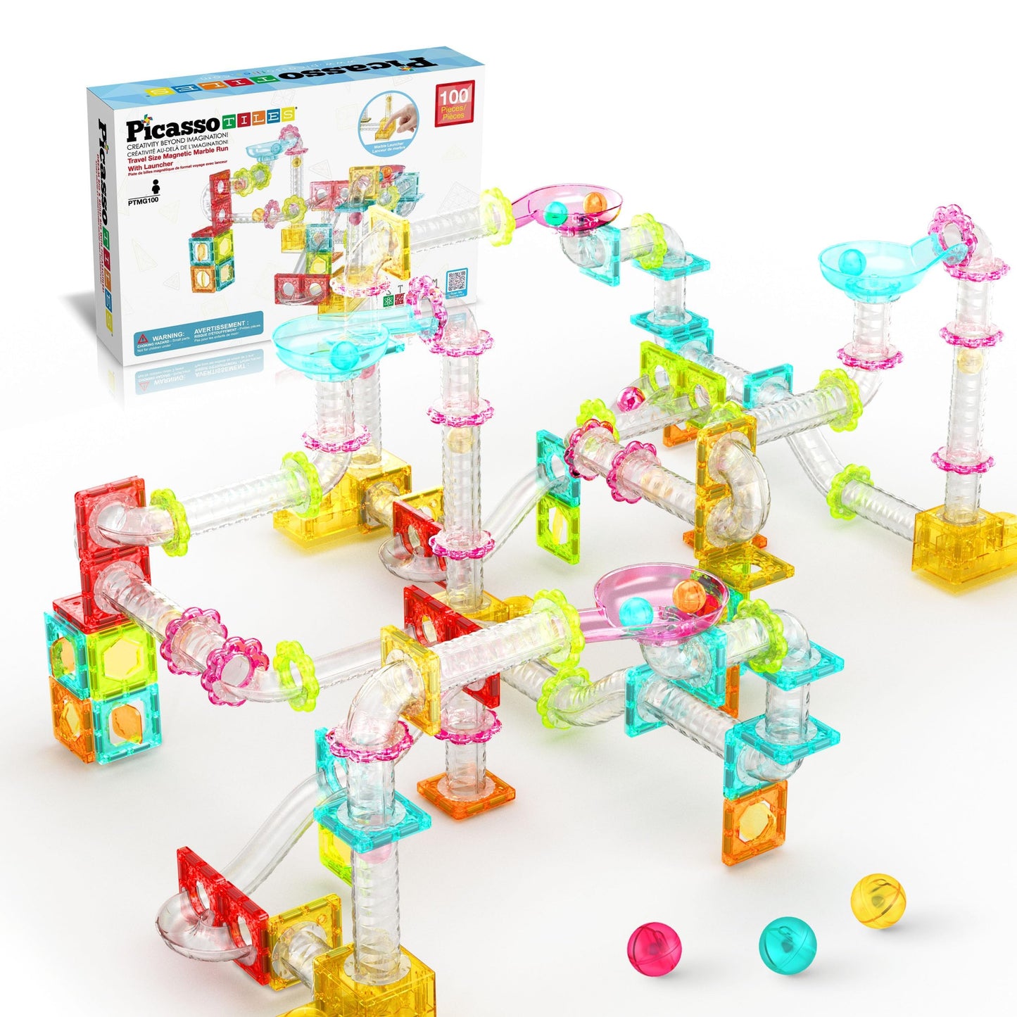 PicassoTiles 108pc 3-in-1 Marble Run Car Race Track Combo Magnetic Tiles PicassoToys Magnet Building Block Educational Construction Toy Playset STEM STEAM Learning Kit Child Brain Development PTG108