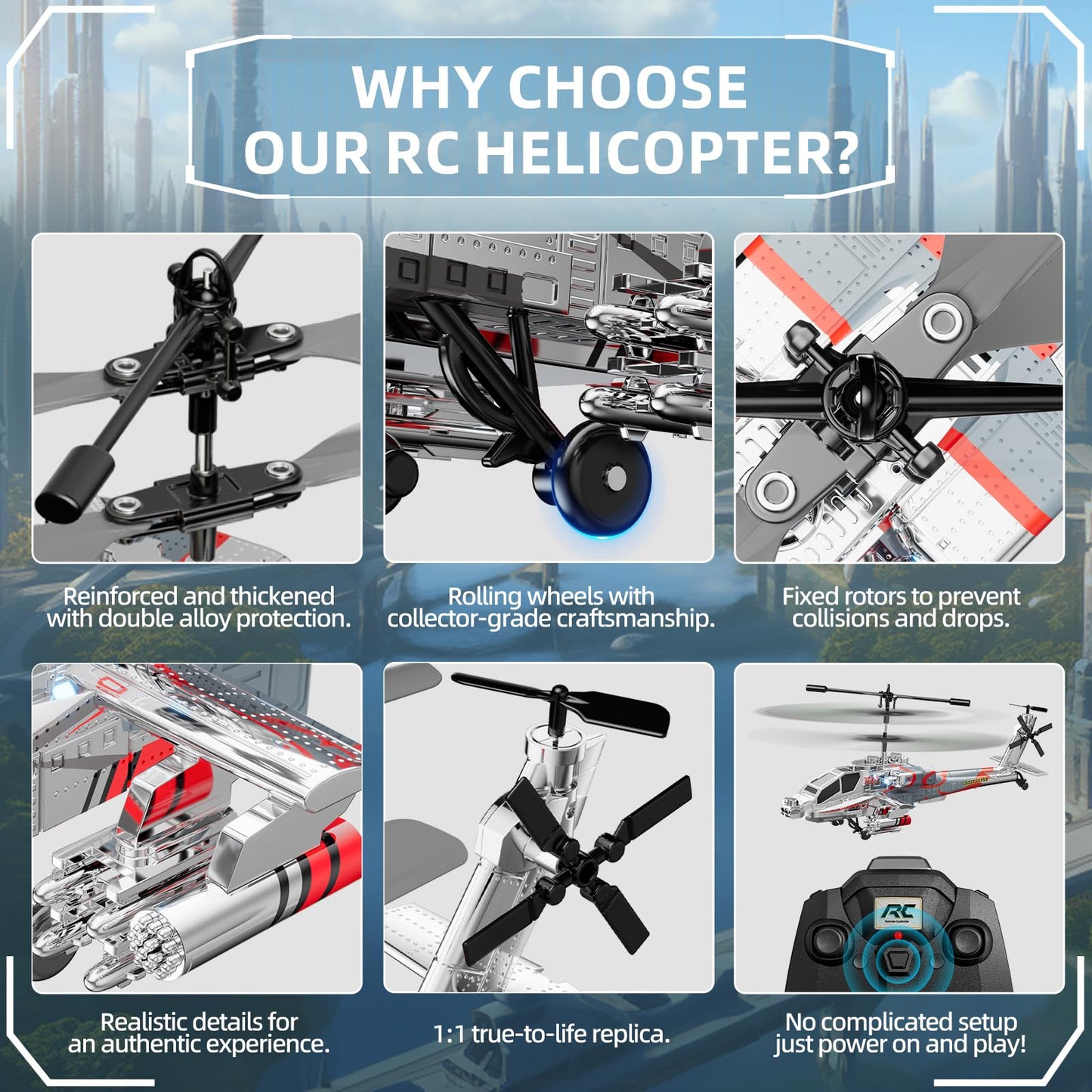 Remote Control Military Flying Helicopter Toy 2.4GHz, 3.5 Channels, Gyro & LED Light, Altitude Hold, RC Helicopters for Kids Adults Beginner (Silvery)