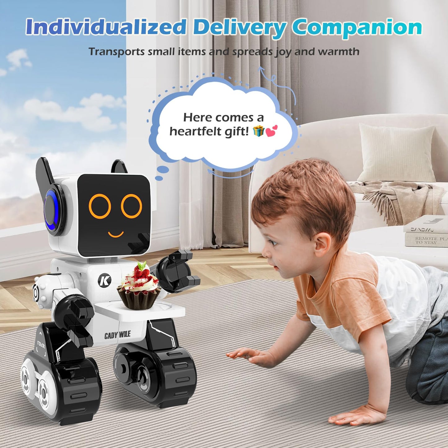 Rechargeable RC Robot Toy for Kids - Interactive Intelligent LED Light, Speaks, Dances, Built-in Coin Bank (White)