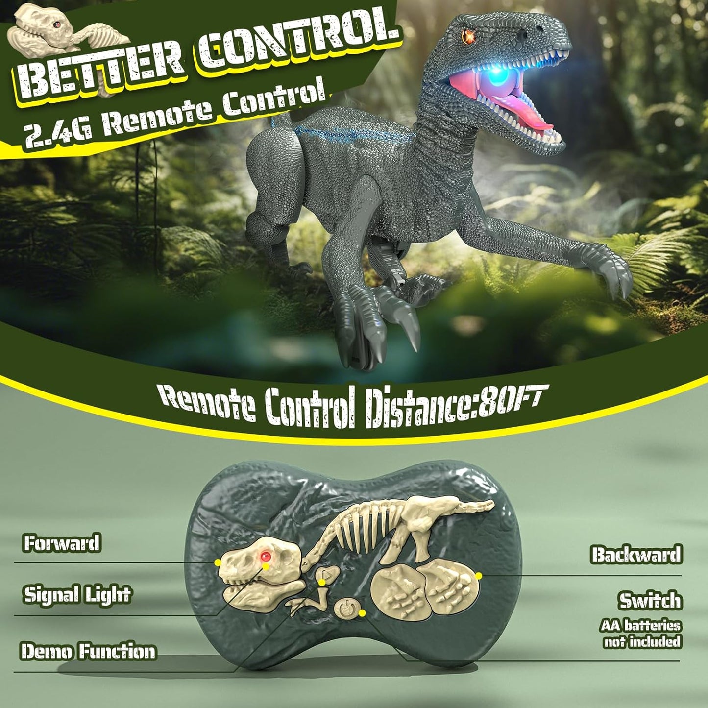 Remote Control Dinosaur, Realistic Dinosaur Toys for Kids 3-5, 2.4GHZ, Walking,Rechargeable, 3D Eyes, 3 Sound Effects, Demo Function, Jurassic Toys for Christmas, Kids 3+