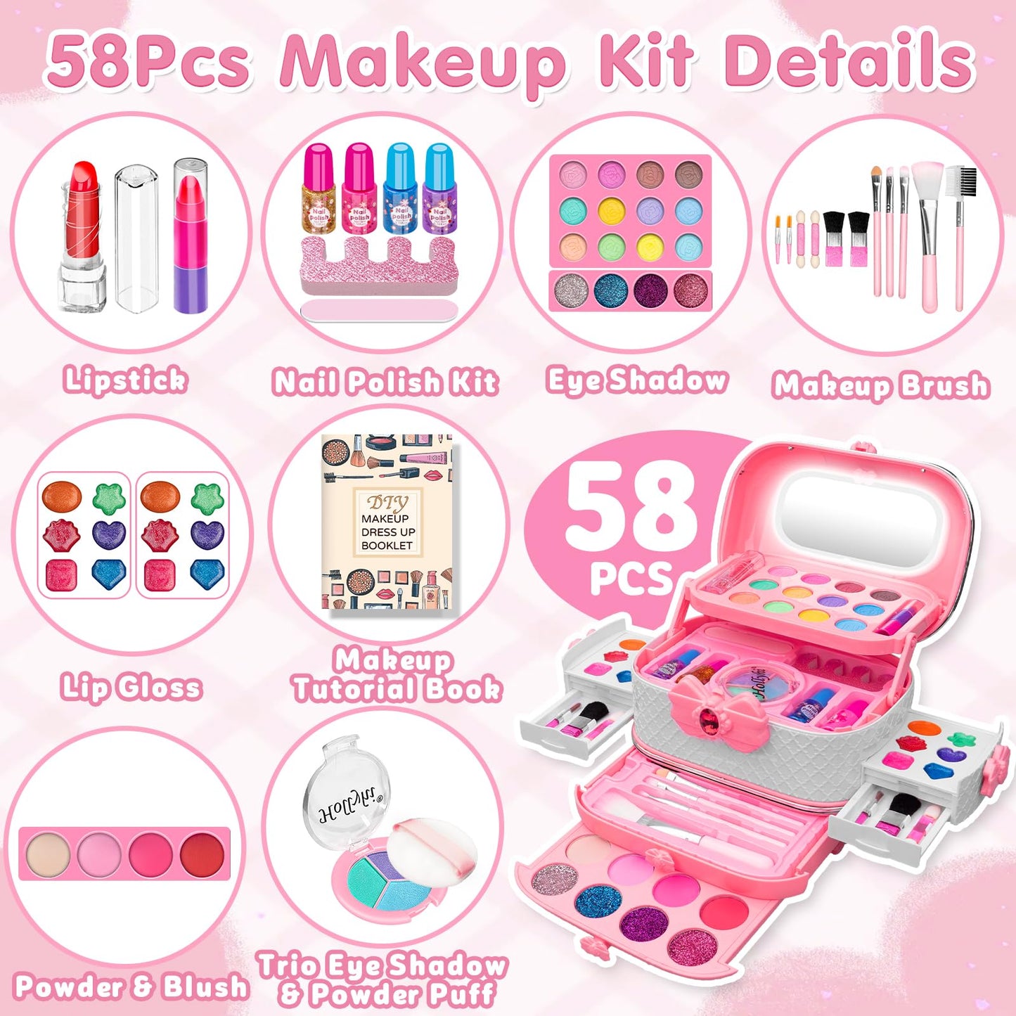 Hollyhi 58 Pcs Kids Makeup Kit for Girl, Princess Toys Real Washable Cosmetic Set with Mirror, Kids Makeup Sets for Girls, Play Make Up Birthday Gifts for 3 4 5 6 7 8 9 10 11 12 Years Old Kid (Rose)