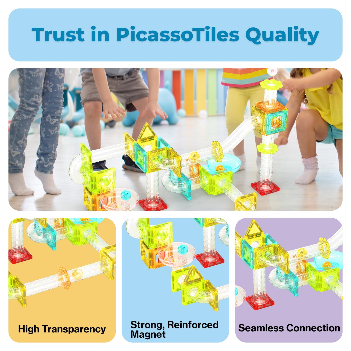 PicassoTiles 108pc 3-in-1 Marble Run Car Race Track Combo Magnetic Tiles PicassoToys Magnet Building Block Educational Construction Toy Playset STEM STEAM Learning Kit Child Brain Development PTG108