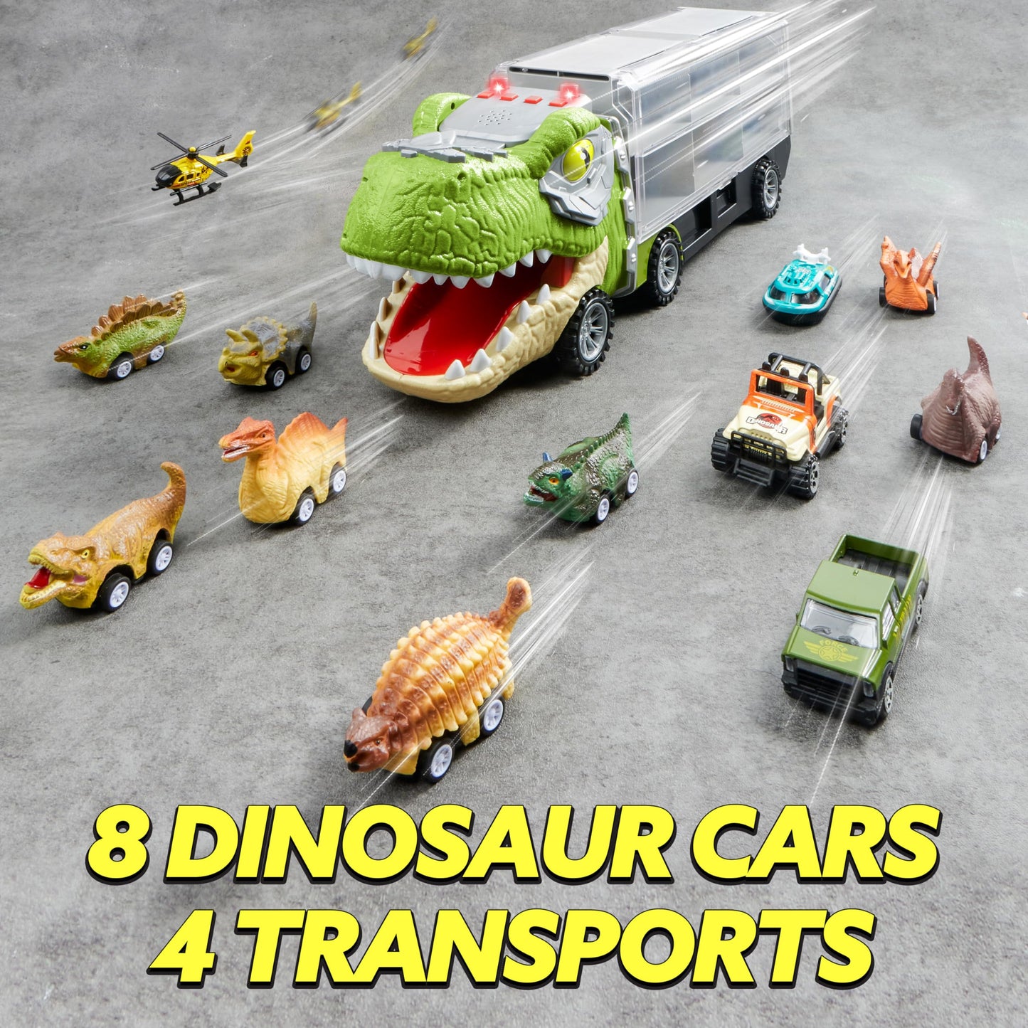 Dinosaur Truck with 12 Pull Back Cars Toys Set