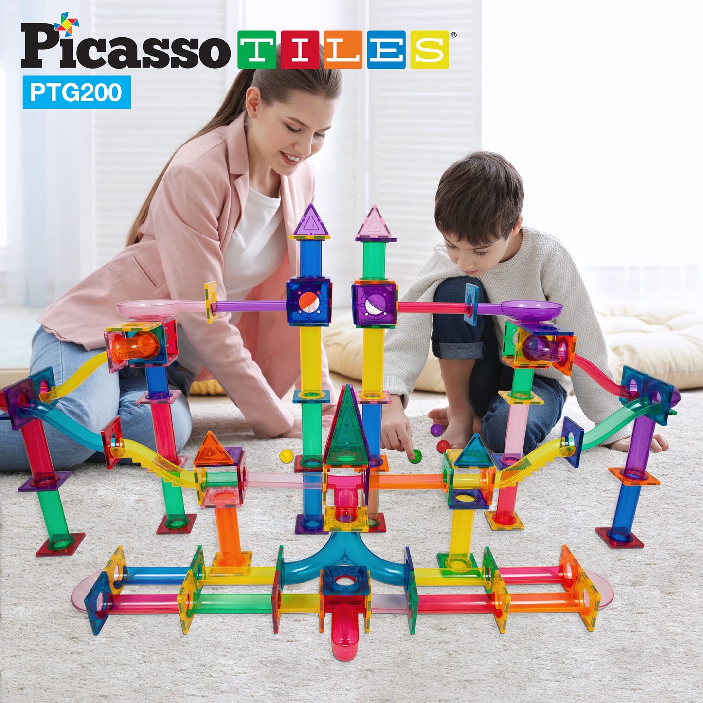 PicassoTiles 108pc 3-in-1 Marble Run Car Race Track Combo Magnetic Tiles PicassoToys Magnet Building Block Educational Construction Toy Playset STEM STEAM Learning Kit Child Brain Development PTG108