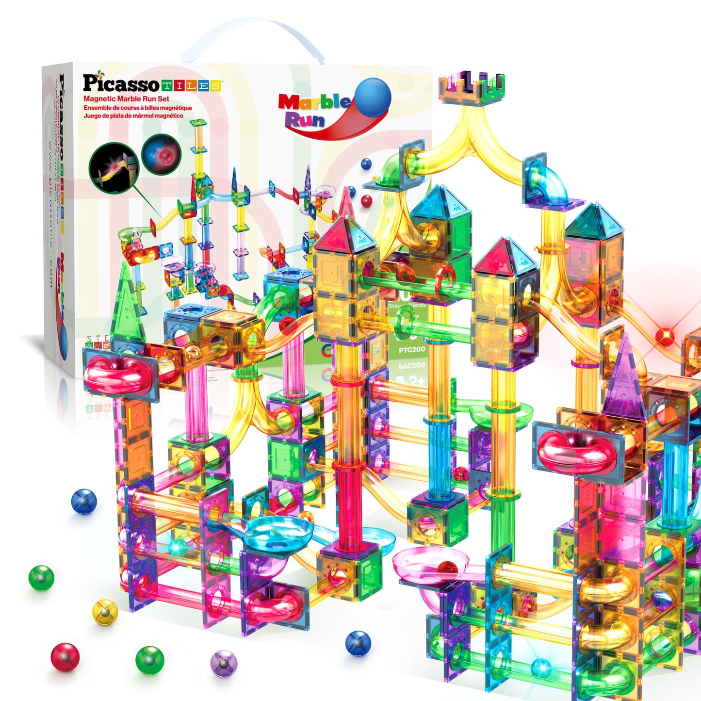 PicassoTiles 108pc 3-in-1 Marble Run Car Race Track Combo Magnetic Tiles PicassoToys Magnet Building Block Educational Construction Toy Playset STEM STEAM Learning Kit Child Brain Development PTG108