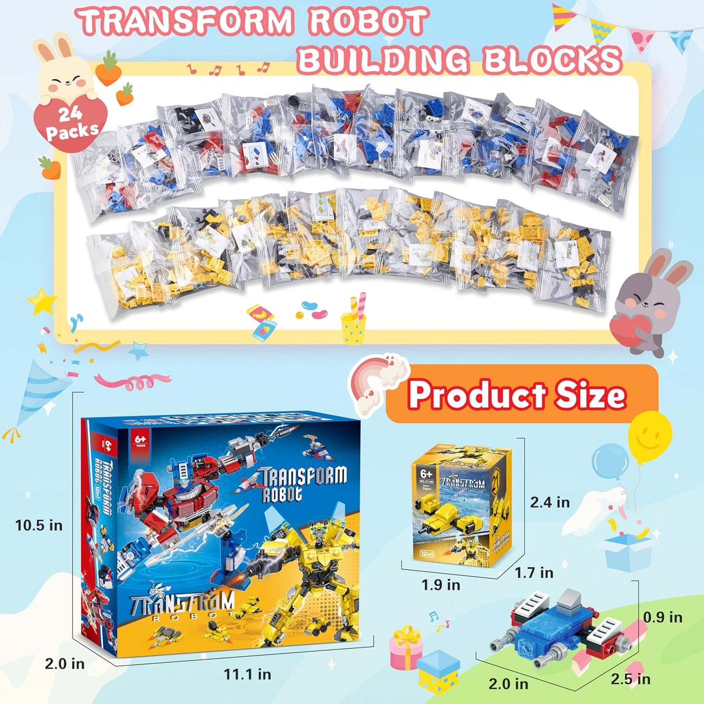 24 Packs Party Favors for Kids - Transform Robot Building Blocks, 12-in-1 Creative Action Mech Toy Building Set for Classroom Prizes Stocking Stuffers, Birthday Valentines Easter Gifts for Boys Girls